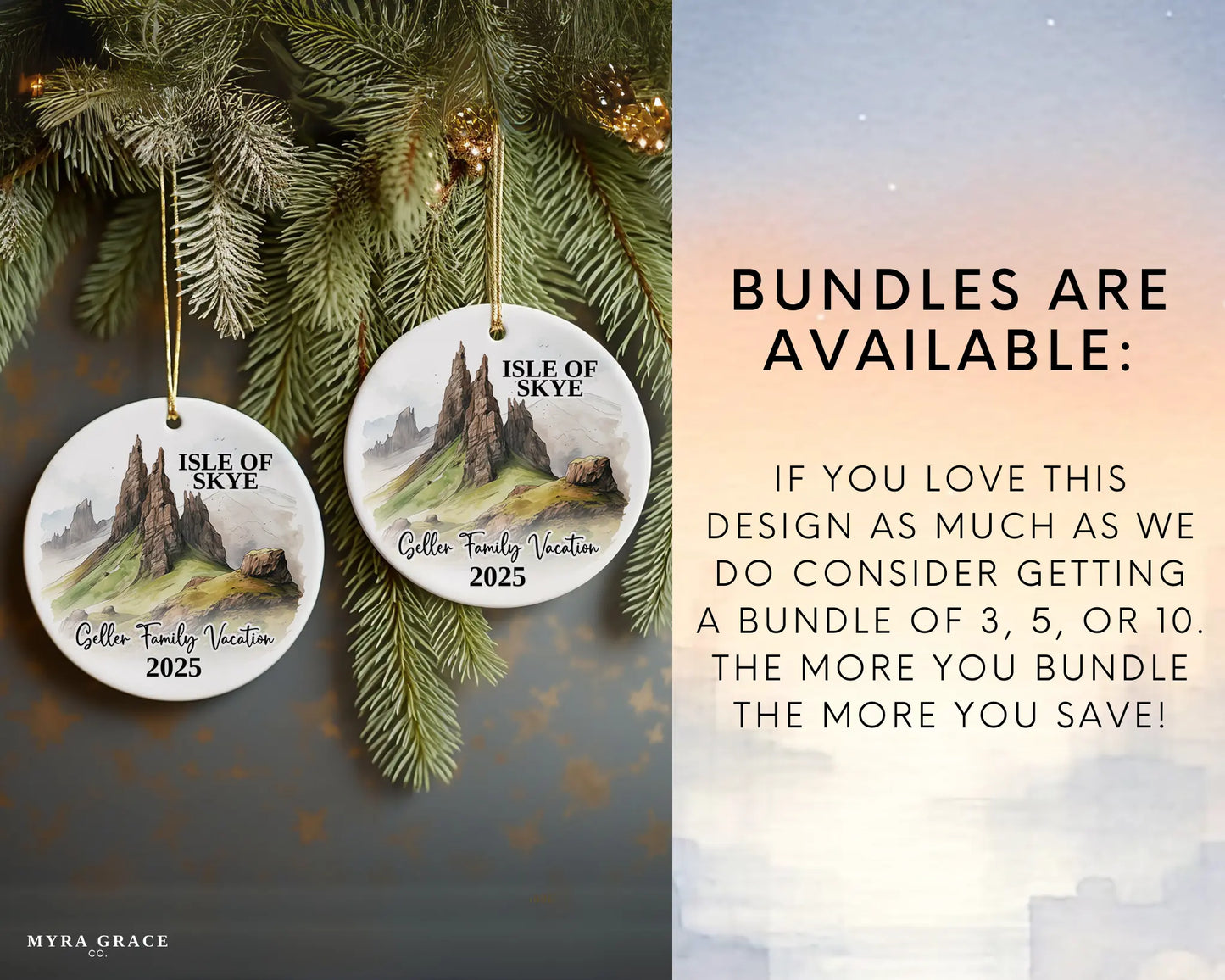 Custom vacation Isle of Skye Scotland ceramic photo ornament with personalized message – handmade Christmas bauble, gift souvenir, or vacation keepsake. Bundles are available