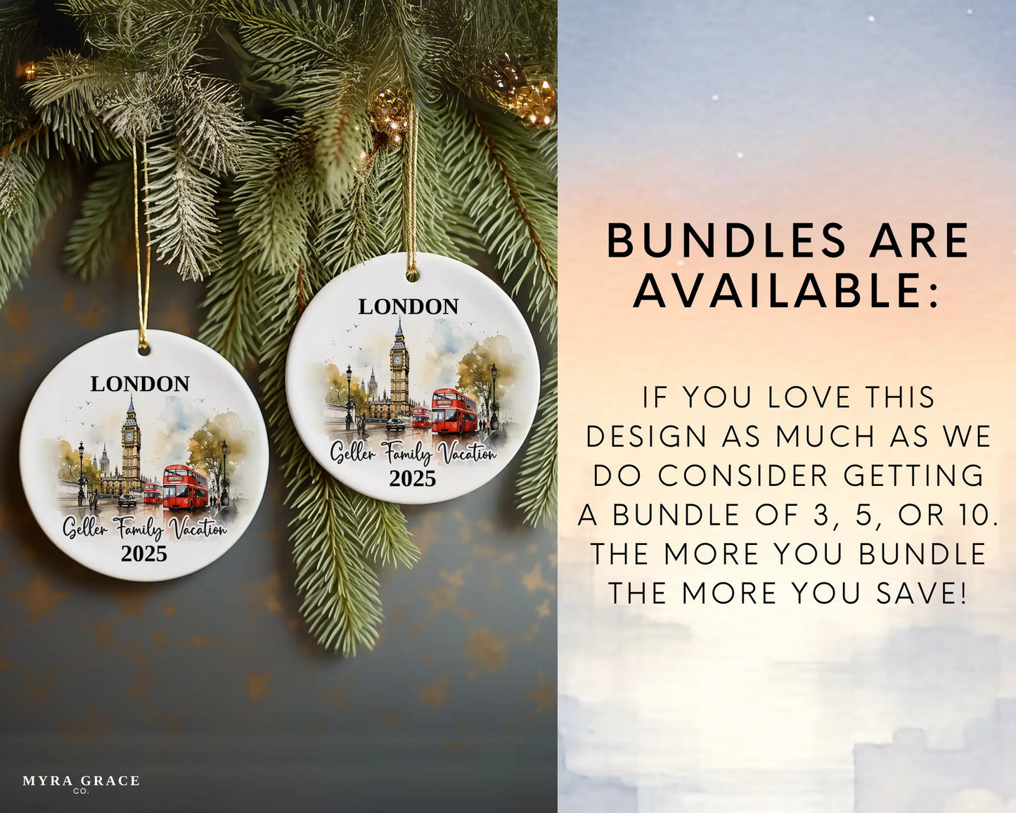 Custom vacation London ceramic photo ornament with personalized message – handmade Christmas bauble, gift souvenir, or vacation keepsake. Bundles are available