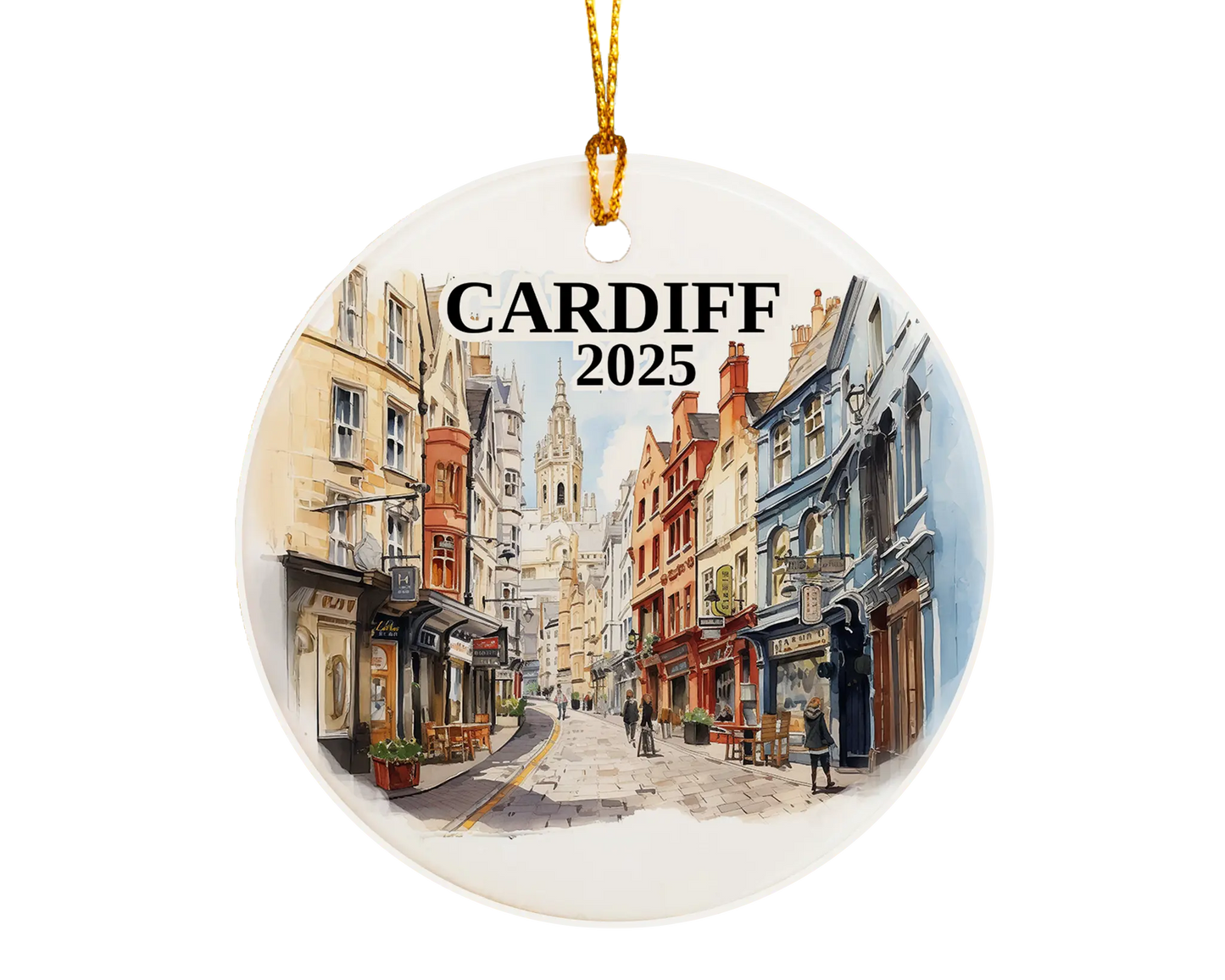 Custom Cardiff Wales ceramic photo ornament with personalized message – handmade Christmas bauble, gift souvenir, or vacation keepsake.