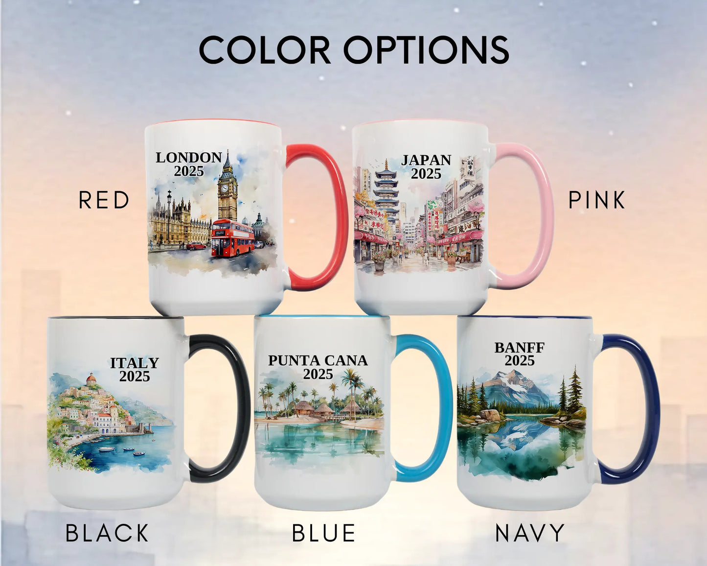 Custom ceramic Italy Amalfi Coast vacation mug with watercolor location design, date, and personal photo – personalized travel gift or photo mug. Color options