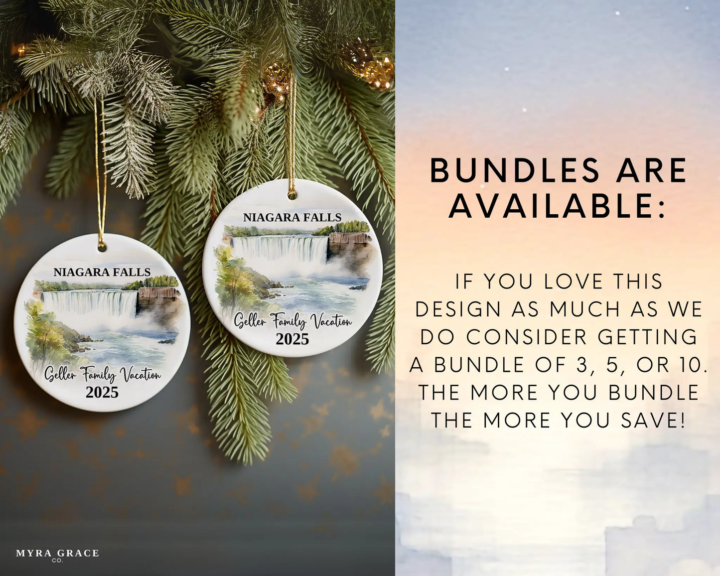 Custom vacation Niagara Falls ceramic photo ornament with personalized message – handmade Christmas bauble, gift souvenir, or vacation keepsake. Bundles are available