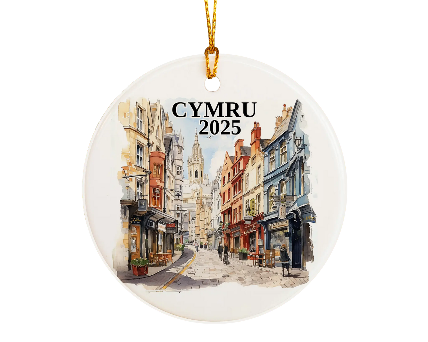 Custom Cymru Wales ceramic photo ornament with personalized message – handmade Christmas bauble, gift souvenir, or vacation keepsake.