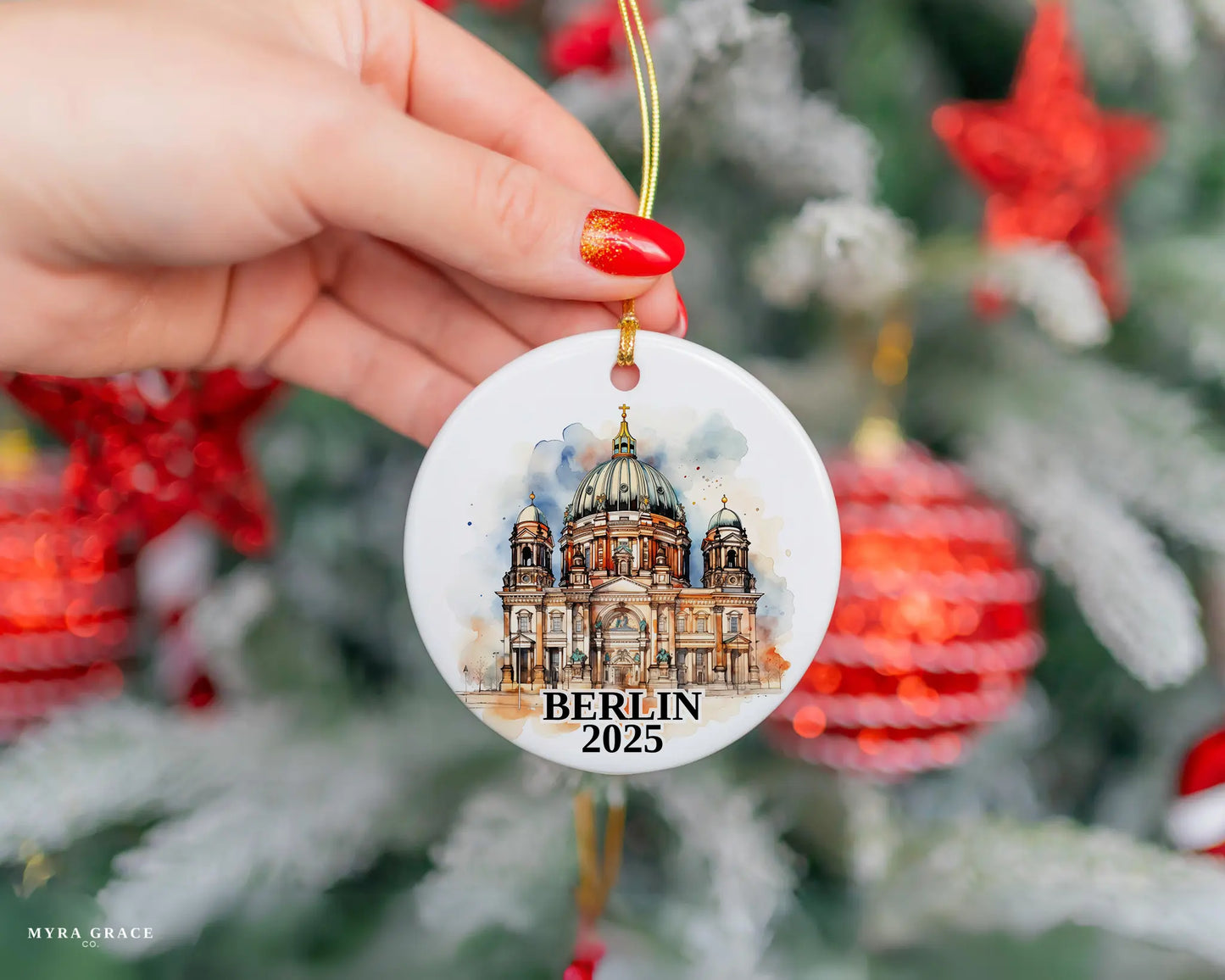 Custom Berlin Germany ceramic photo ornament with personalized message – handmade Christmas bauble, gift souvenir, or vacation keepsake.