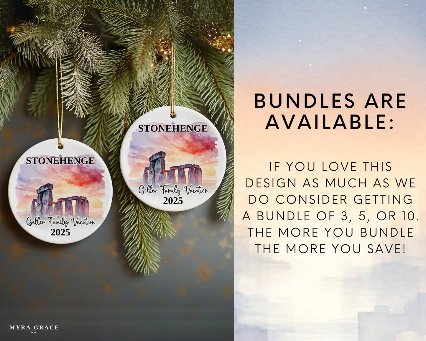 Custom vacation Stonehenge ceramic photo ornament with personalized message – handmade Christmas bauble, gift souvenir, or vacation keepsake. Bundles are available