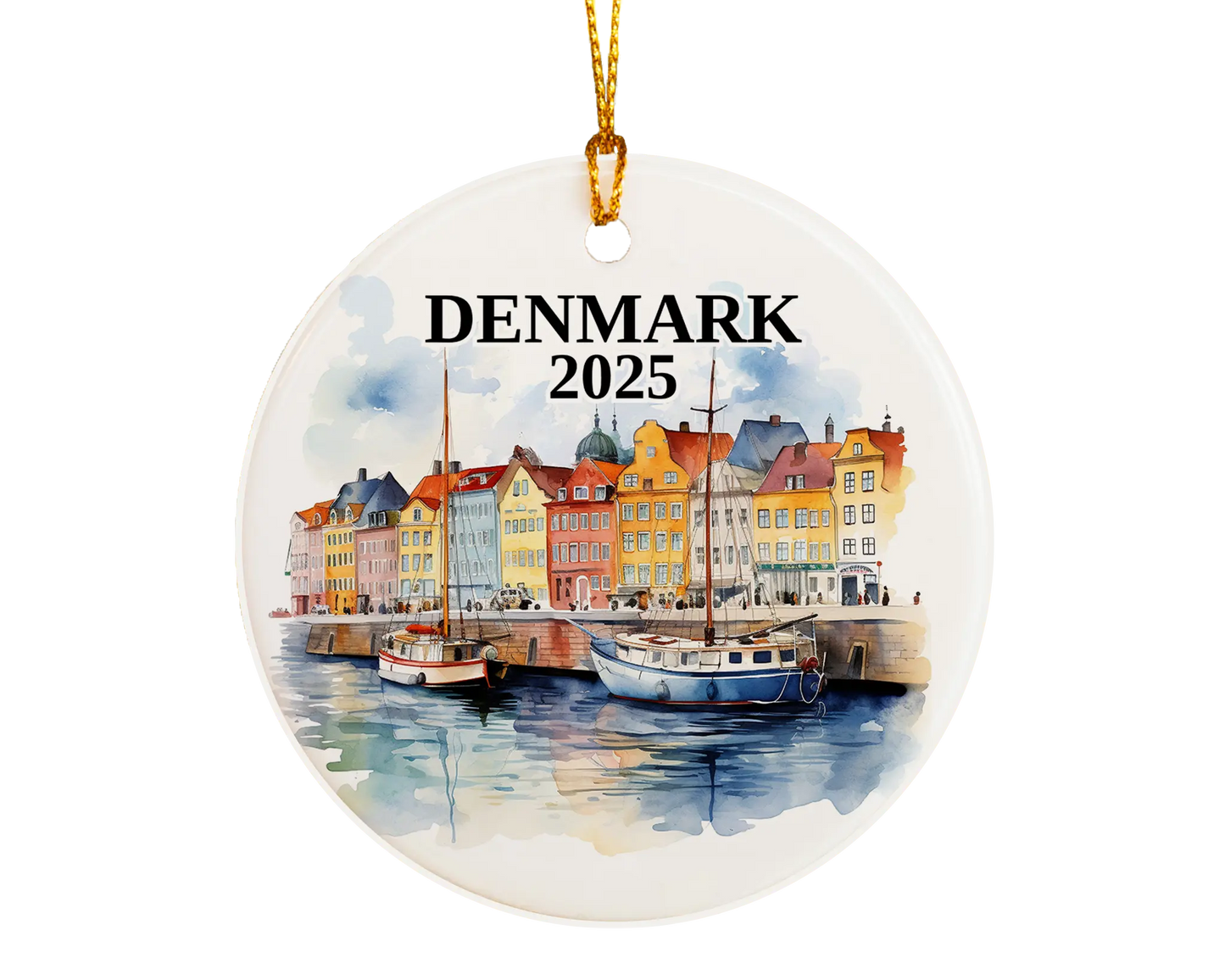 Custom Denmark ceramic photo ornament with personalized message – handmade Christmas bauble, gift souvenir, or vacation keepsake.