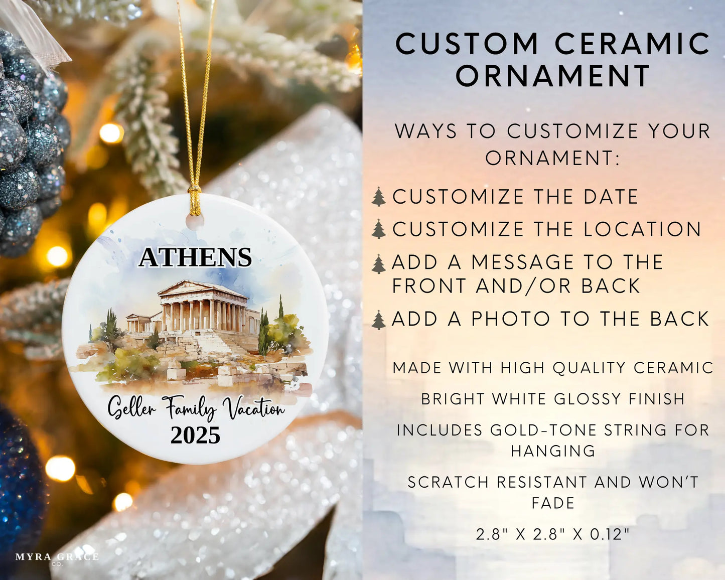 Custom vacation Athens Greece ceramic photo ornament with personalized message – handmade Christmas bauble, gift souvenir, or vacation keepsake. Infographic