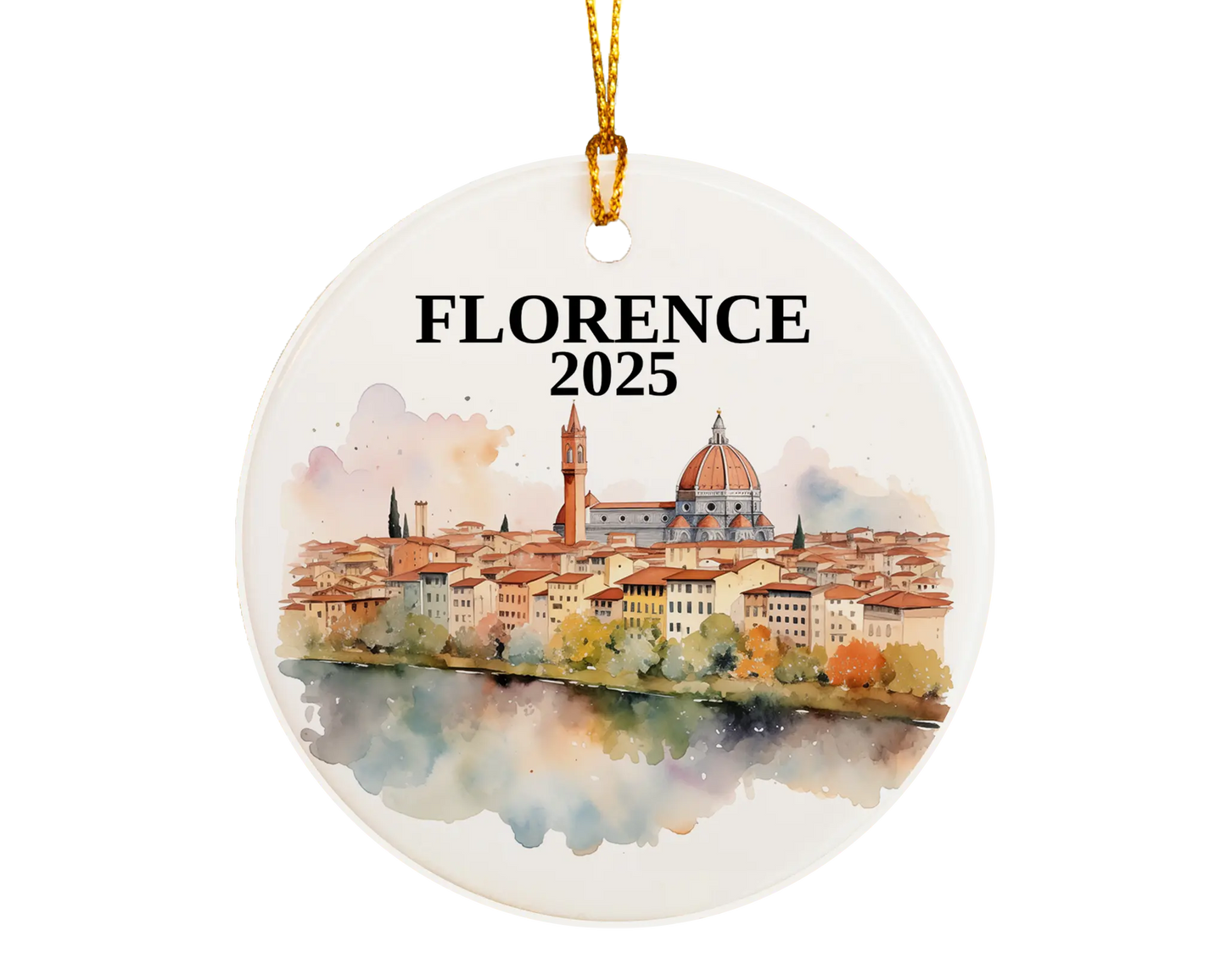 Custom Florence Italy ceramic photo ornament with personalized message – handmade Christmas bauble, gift souvenir, or vacation keepsake.