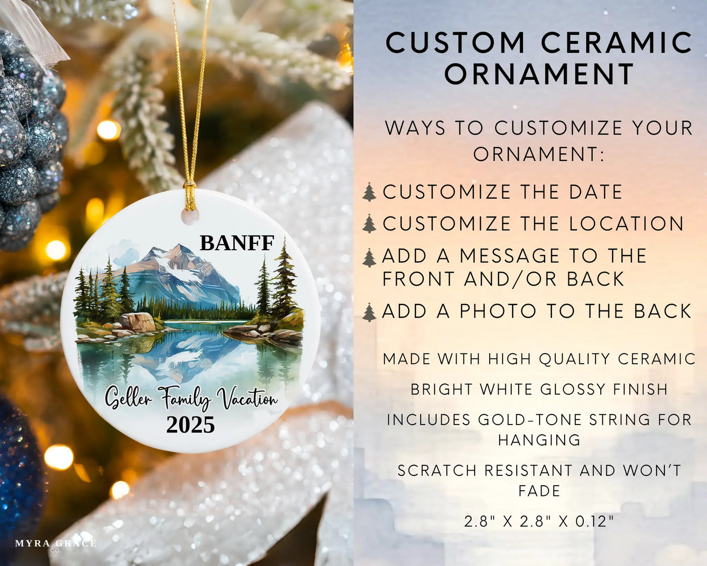 Custom vacation Banff Canada ceramic photo ornament with personalized message – handmade Christmas bauble, gift souvenir, or vacation keepsake. Infographic