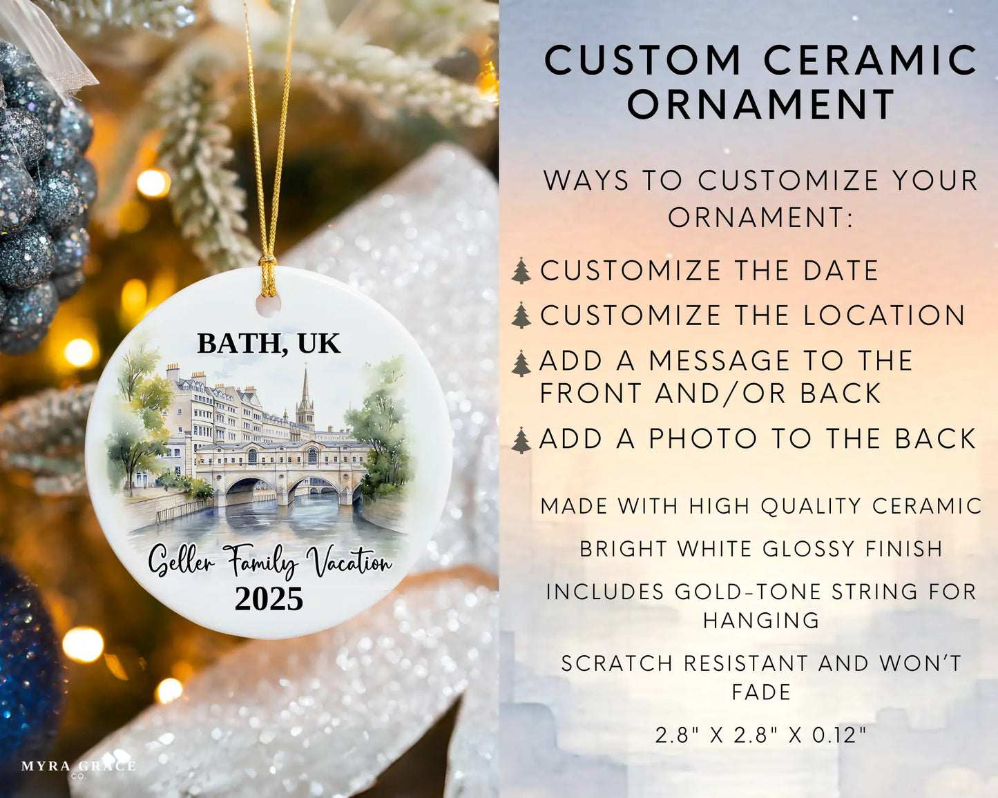 Custom vacation Bath UK ceramic photo ornament with personalized message – handmade Christmas bauble, gift souvenir, or vacation keepsake. Infographic
