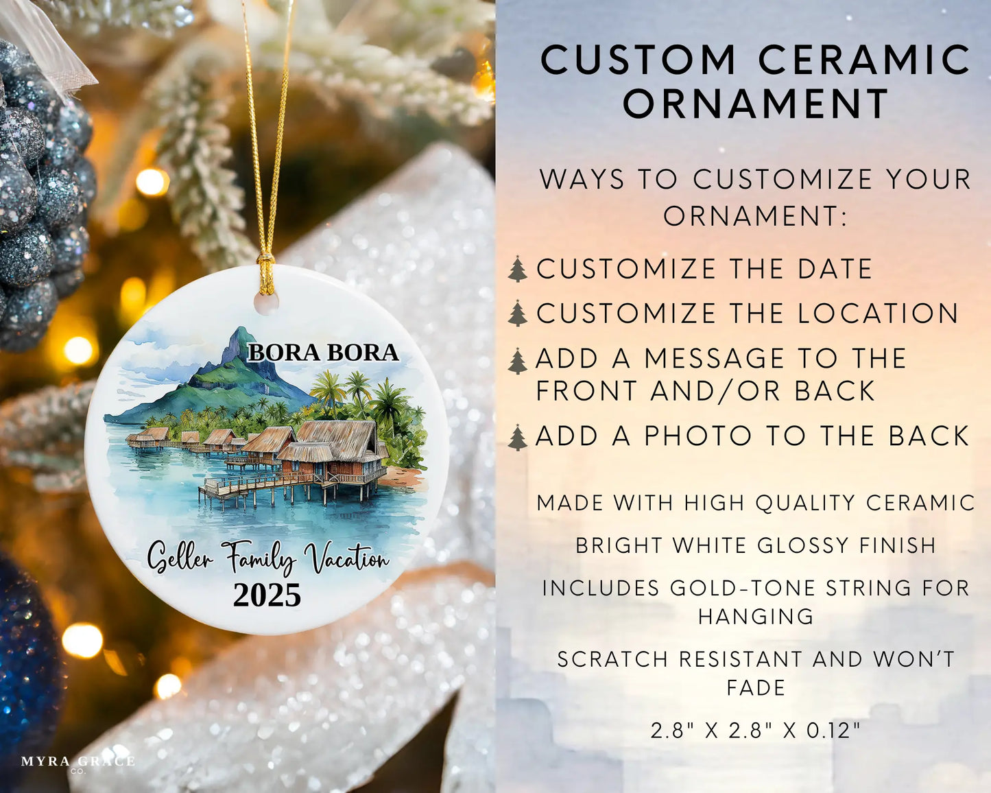 Custom vacation Bora Bora ceramic photo ornament with personalized message – handmade Christmas bauble, gift souvenir, or vacation keepsake. Infographic