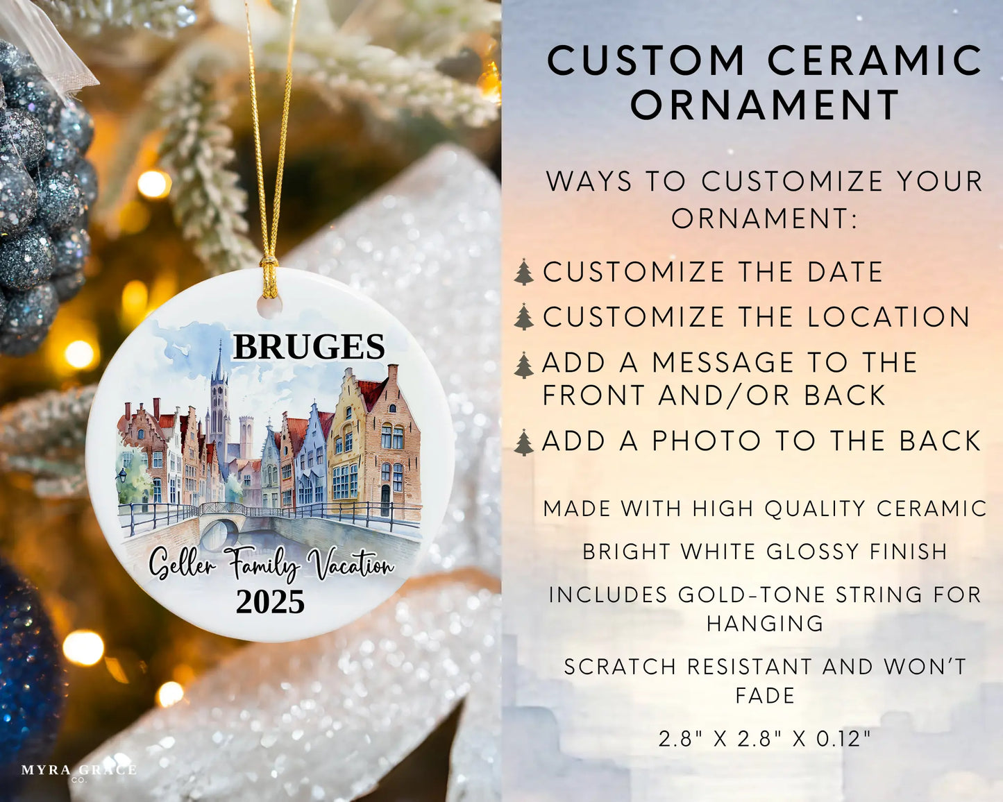 Custom vacation Bruges ceramic photo ornament with personalized message – handmade Christmas bauble, gift souvenir, or vacation keepsake. Infographic