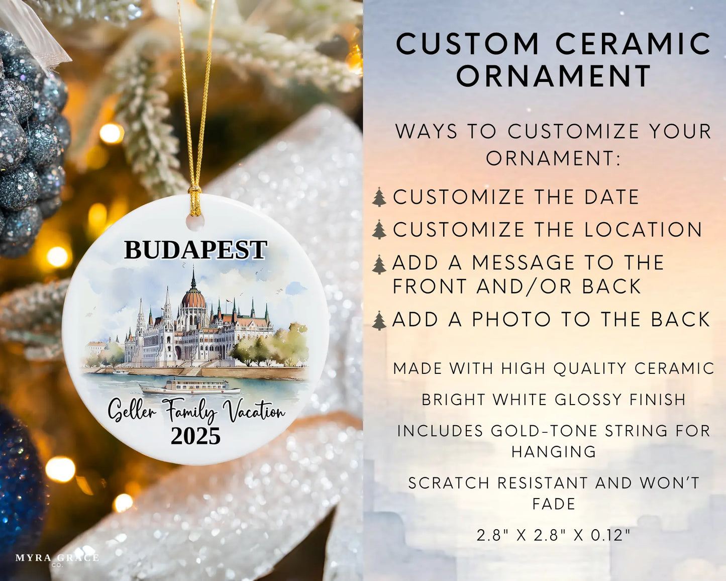 Custom vacation Budapest Hungary ceramic photo ornament with personalized message – handmade Christmas bauble, gift souvenir, or vacation keepsake. Infographic