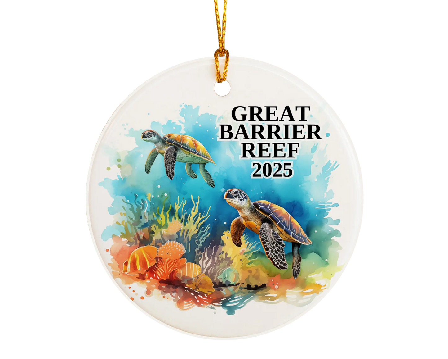 Custom Great Barrier Reef ceramic photo ornament with personalized message – handmade Christmas bauble, gift souvenir, or vacation keepsake.