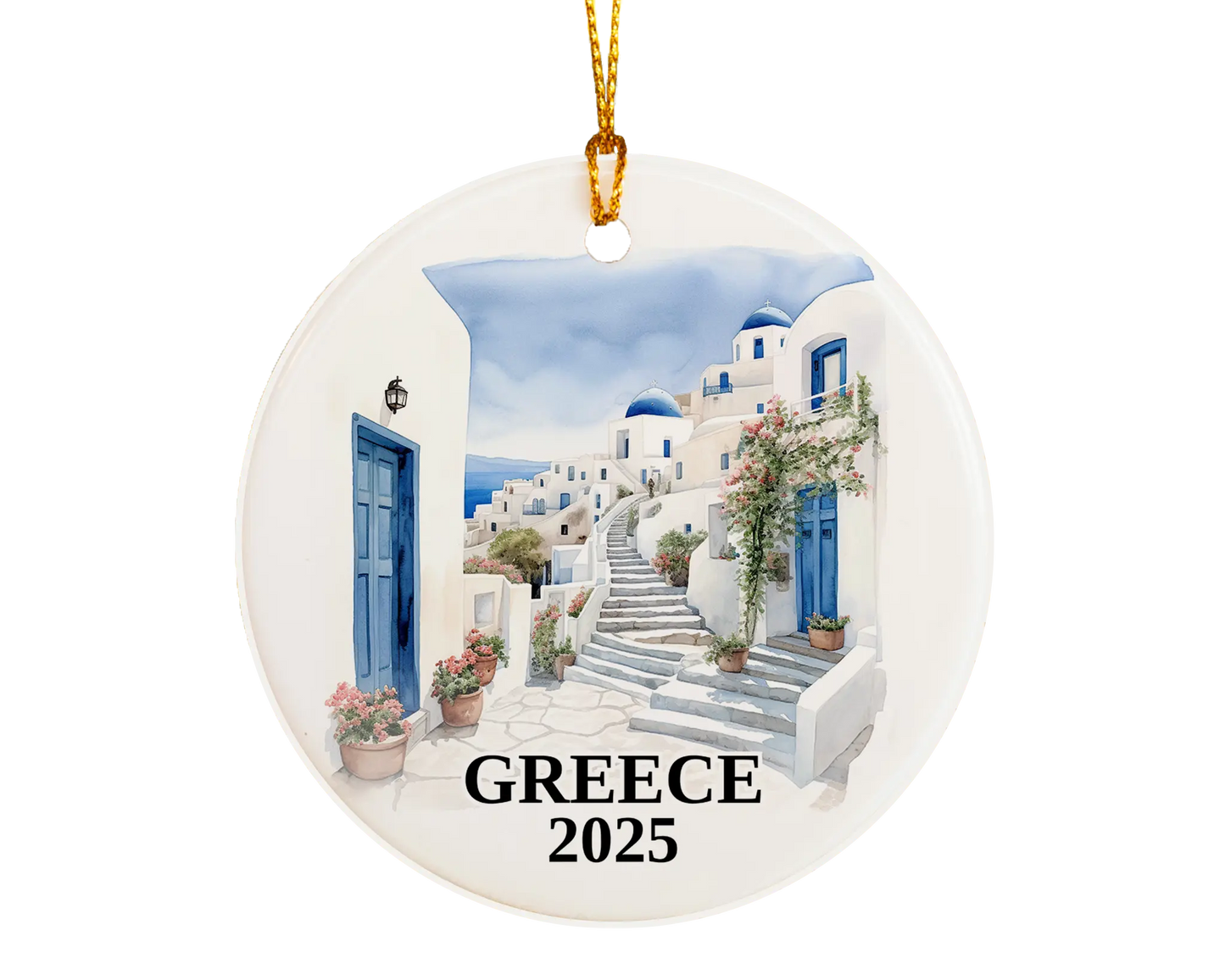 Custom Santorini Greece ceramic photo ornament with personalized message – handmade Christmas bauble, gift souvenir, or vacation keepsake.