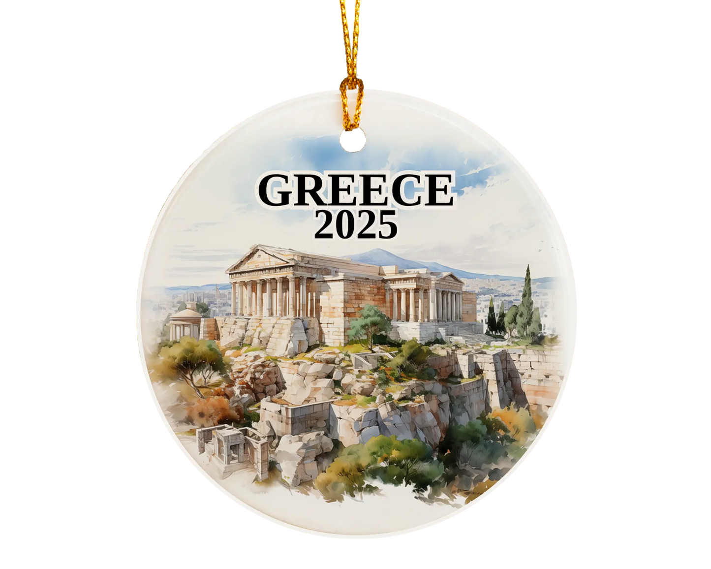 Custom Athens Greece ceramic photo ornament with personalized message – handmade Christmas bauble, gift souvenir, or vacation keepsake.