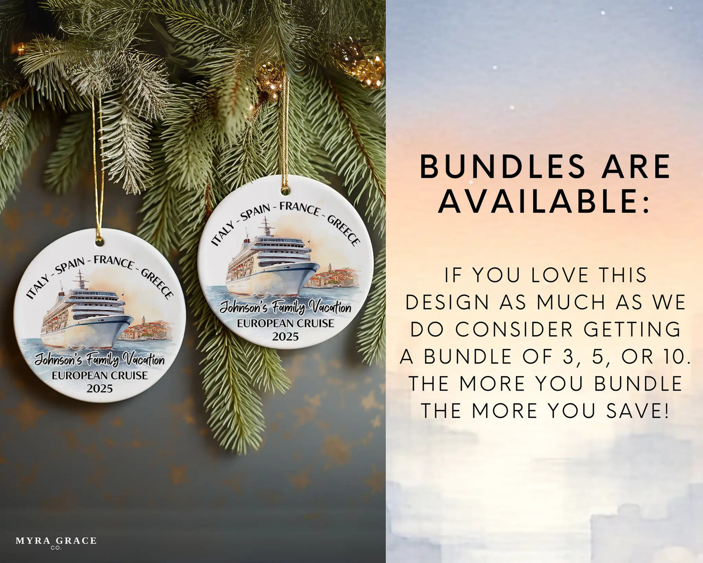 Handmade ceramic Europe cruise ornament with personalized location and photo – custom Christmas bauble or cruise vacation souvenir. Bundles are available