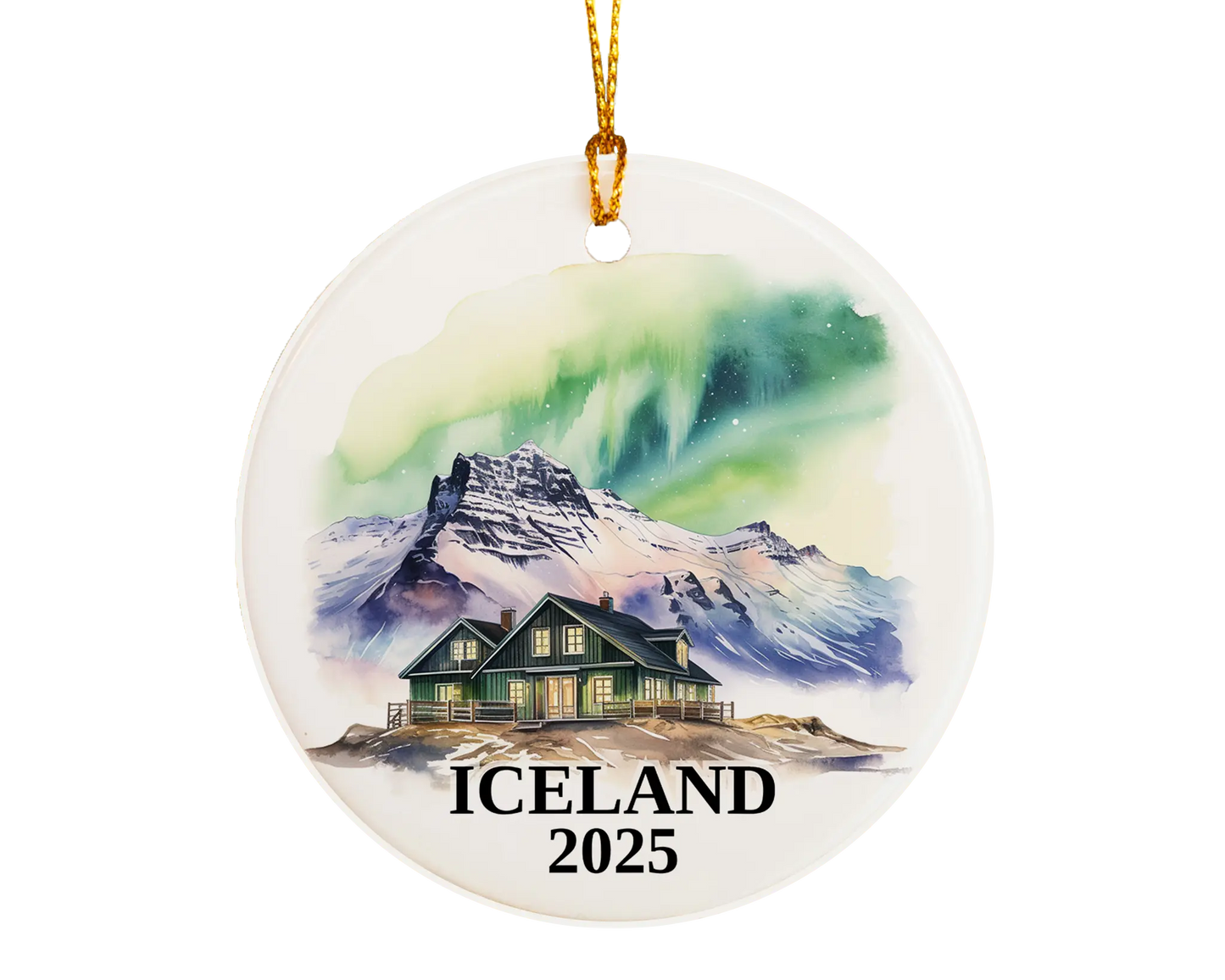Custom Iceland ceramic photo ornament with personalized message – handmade Christmas bauble, gift souvenir, or vacation keepsake.