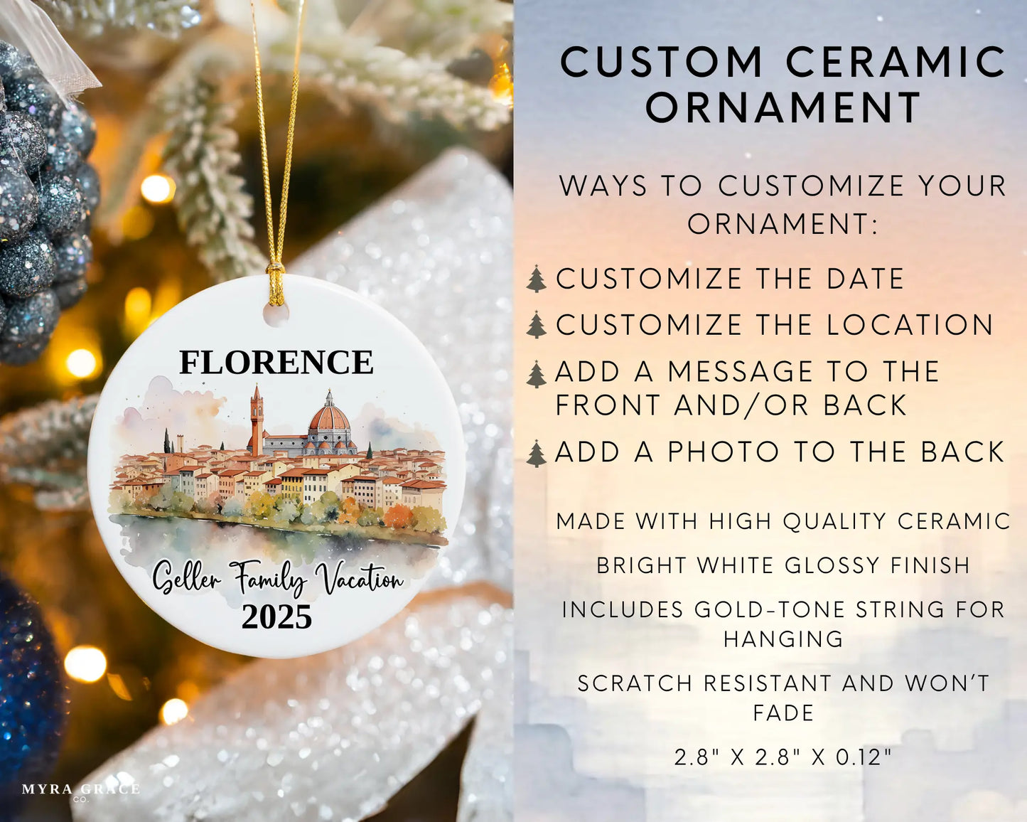 Custom vacation Florence Italy ceramic photo ornament with personalized message – handmade Christmas bauble, gift souvenir, or vacation keepsake. Infographic