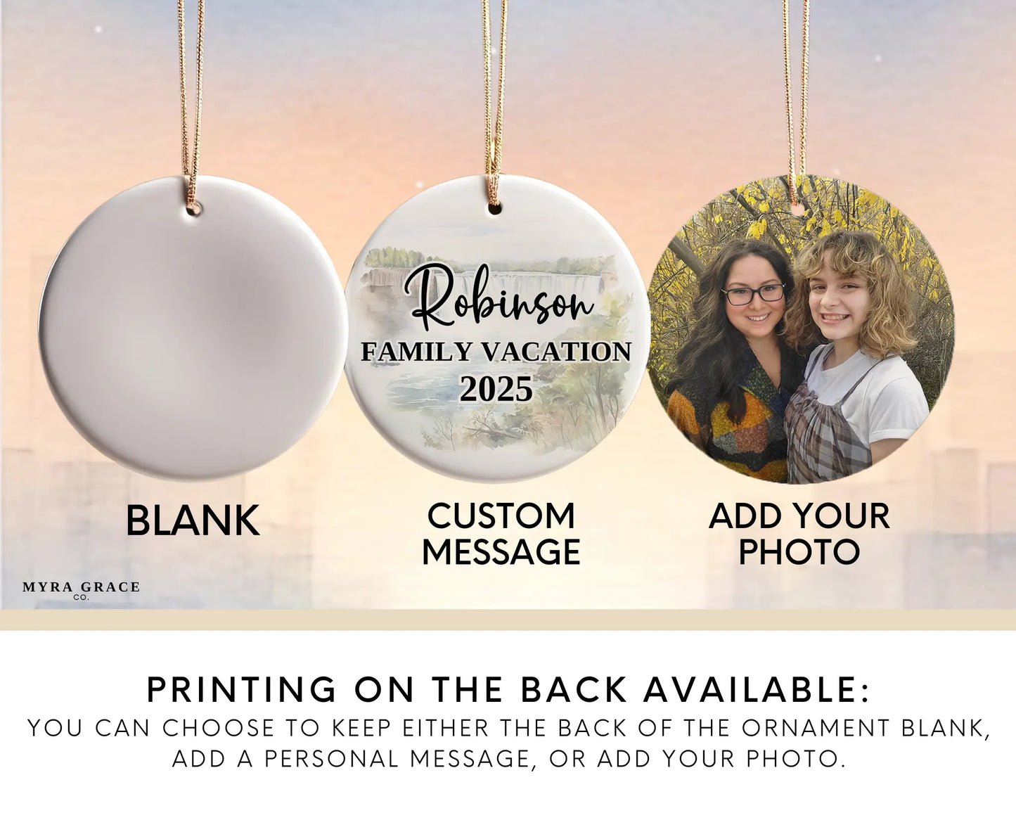 Custom vacation Niagara Falls ceramic photo ornament with personalized message – handmade Christmas bauble, gift souvenir, or vacation keepsake. Add your photo