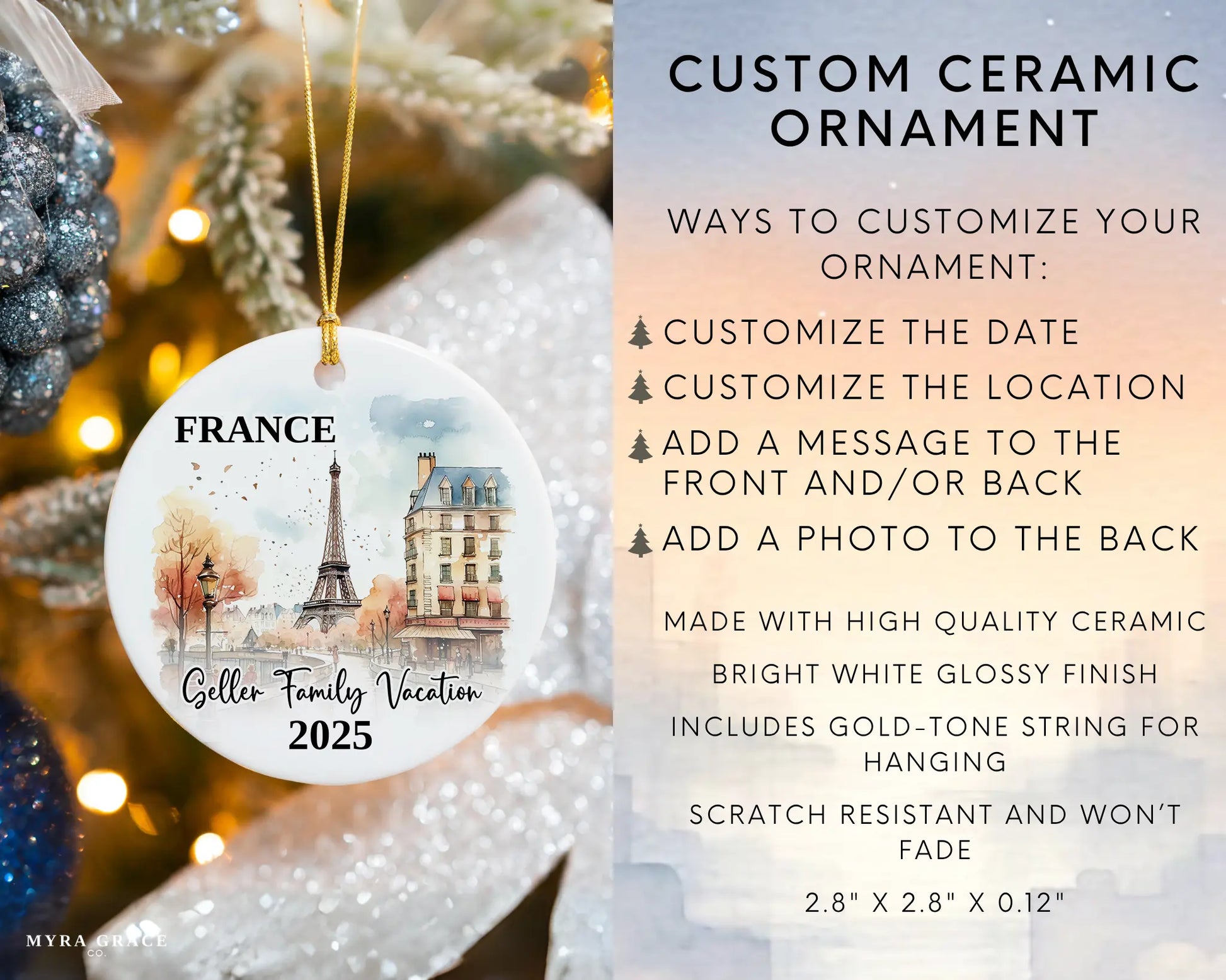 Custom vacation Paris France ceramic photo ornament with personalized message – handmade Christmas bauble, gift souvenir, or vacation keepsake. Infographic