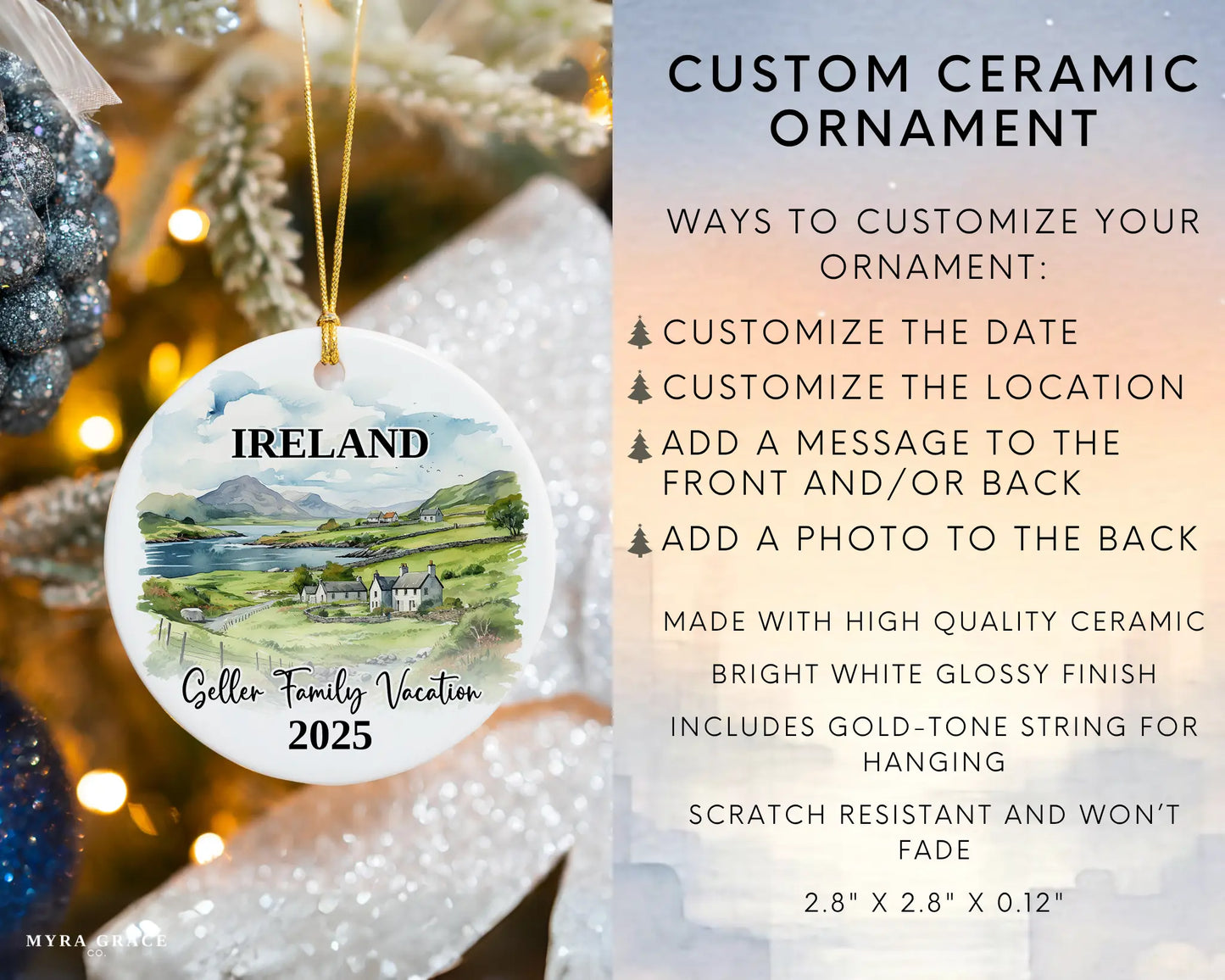 Custom vacation Ireland ceramic photo ornament with personalized message – handmade Christmas bauble, gift souvenir, or vacation keepsake. Infographic