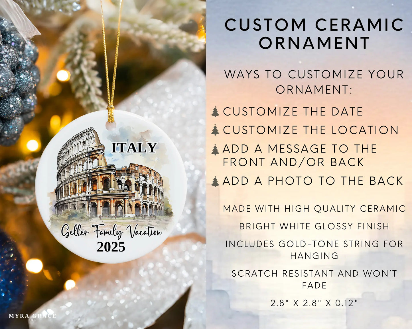 Custom vacation Italy Colosseum ceramic photo ornament with personalized message – handmade Christmas bauble, gift souvenir, or vacation keepsake. Infographic