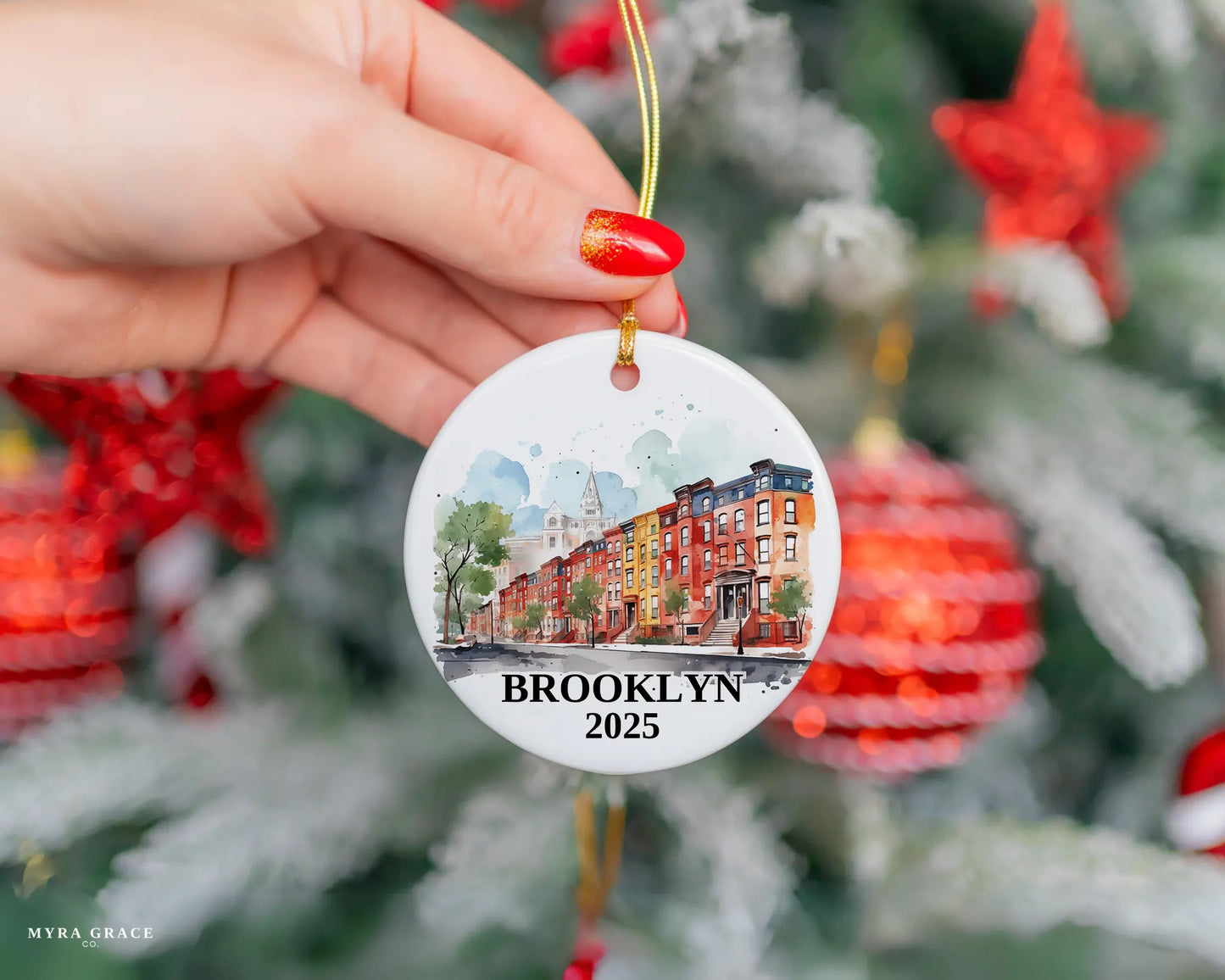 Custom Brooklyn ceramic photo ornament with personalized message – handmade Christmas bauble, gift souvenir, or vacation keepsake.