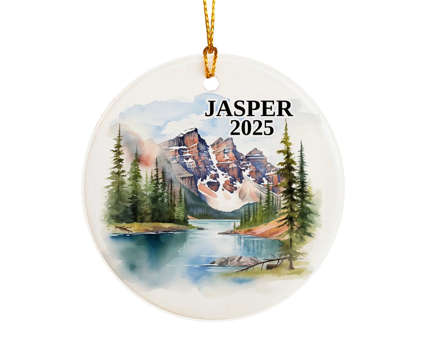 Custom Jasper Alberta Canada ceramic photo ornament with personalized message – handmade Christmas bauble, gift souvenir, or vacation keepsake.