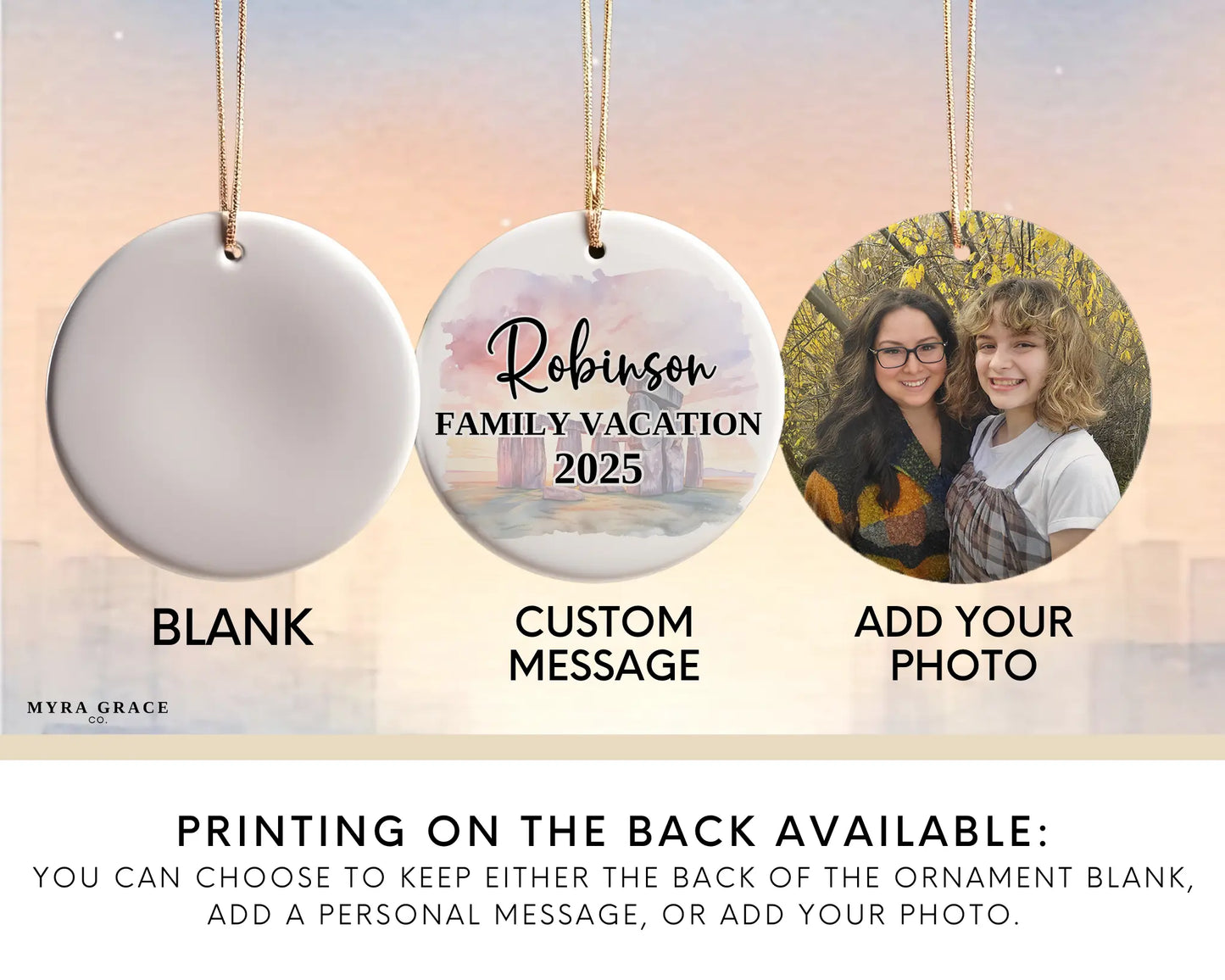 Custom vacation Stonehenge ceramic photo ornament with personalized message – handmade Christmas bauble, gift souvenir, or vacation keepsake. Add your photo
