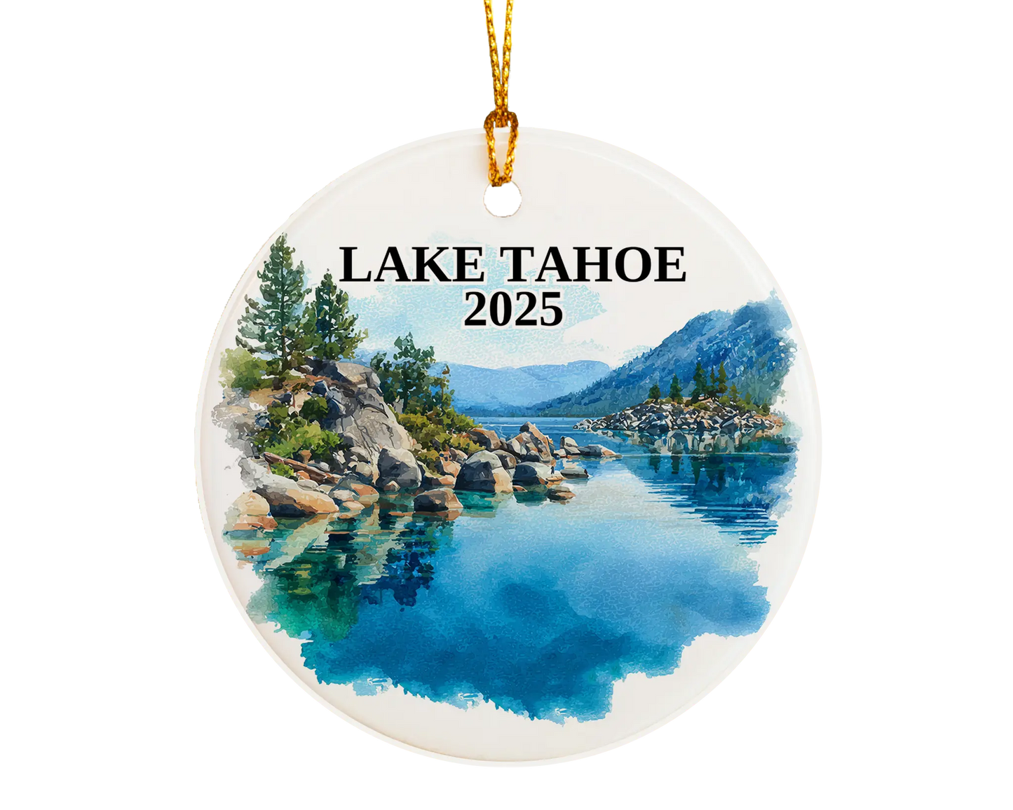 Custom Lake Tahoe California Nevada ceramic photo ornament with personalized message – handmade Christmas bauble, gift souvenir, or vacation keepsake.