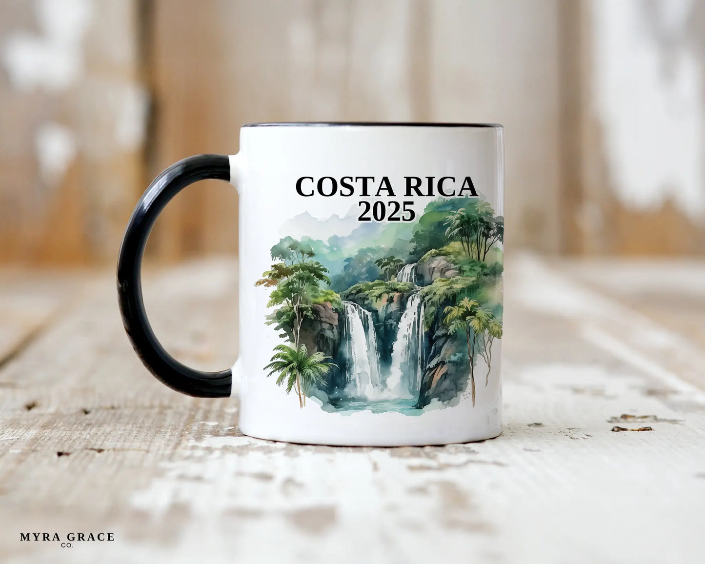 Custom ceramic Costa Rica vacation mug with watercolor location design, date, and personal photo – personalized travel gift or photo mug.