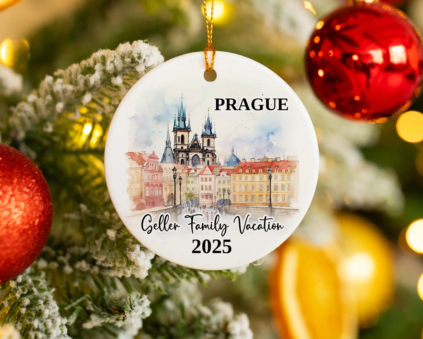 Custom vacation Prague ceramic photo ornament with personalized message – handmade Christmas bauble, gift souvenir, or vacation keepsake.
