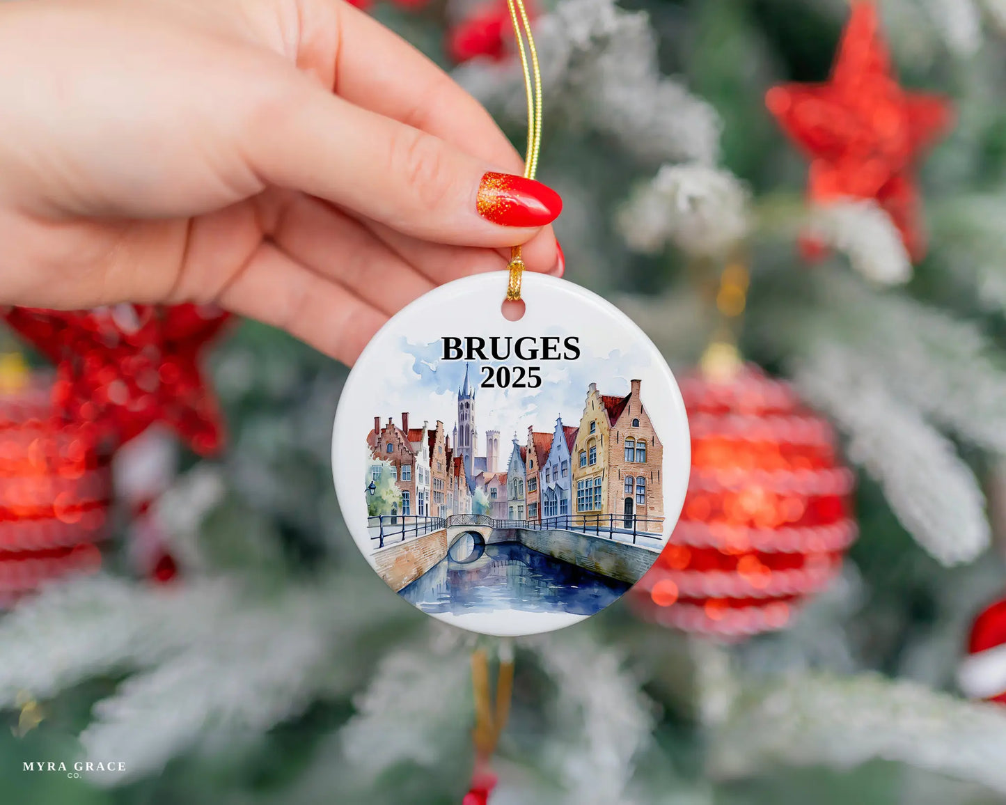 Custom Bruges, Belgium ceramic photo ornament with personalized message – handmade Christmas bauble, gift souvenir, or vacation keepsake.