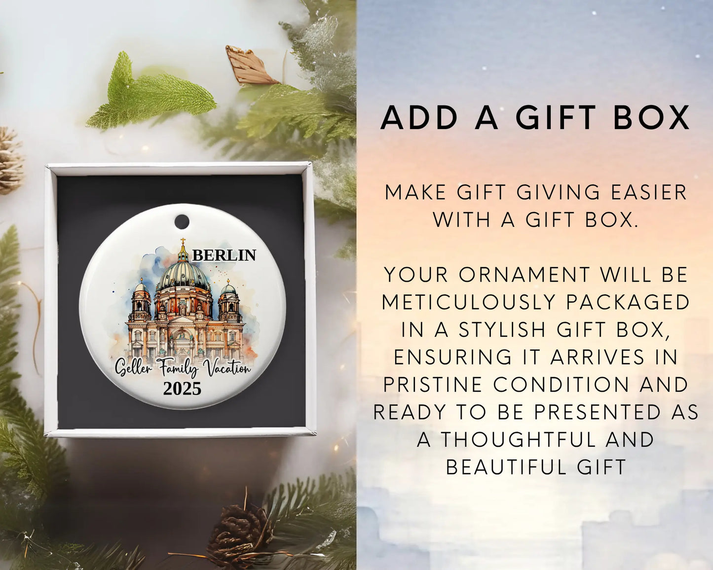 Custom vacation Berlin Germany ceramic photo ornament with personalized message – handmade Christmas bauble, gift souvenir, or vacation keepsake. Add gift box
