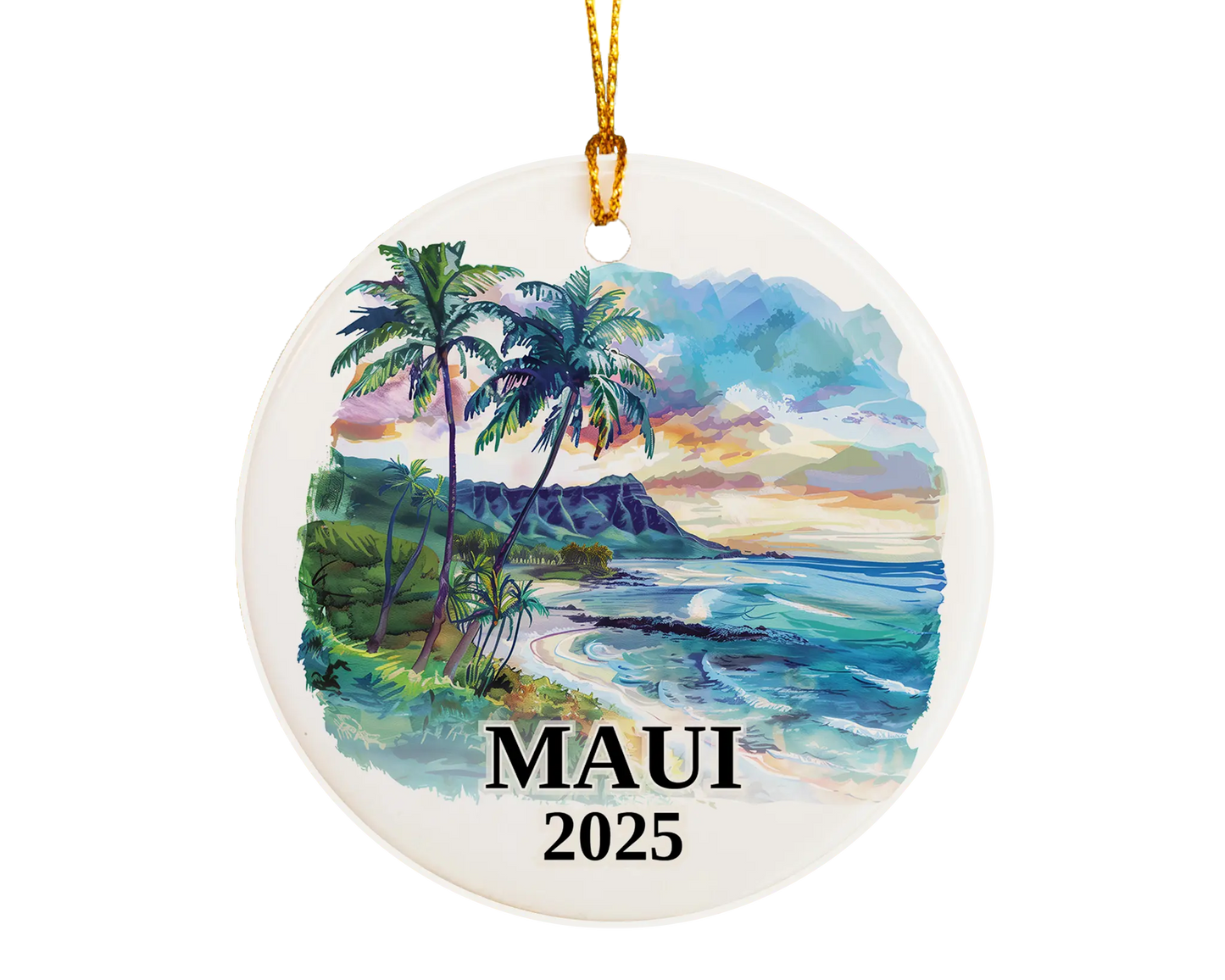 Custom Maui Hawaii ceramic photo ornament with personalized message – handmade Christmas bauble, gift souvenir, or vacation keepsake.