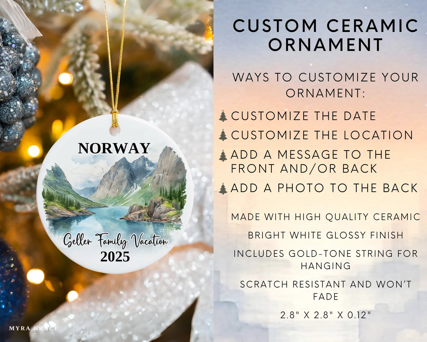 Custom vacation Norway ceramic photo ornament with personalized message – handmade Christmas bauble, gift souvenir, or vacation keepsake. Infographic