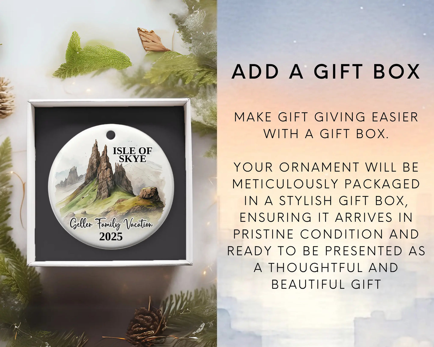 Custom vacation Isle of Skye Scotland ceramic photo ornament with personalized message – handmade Christmas bauble, gift souvenir, or vacation keepsake. Add gift box