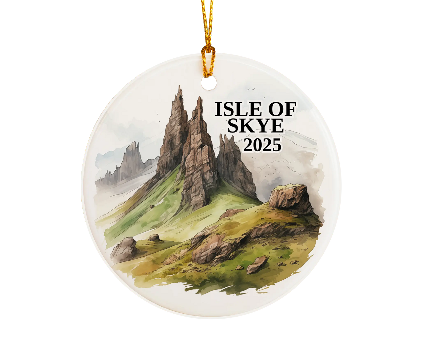 Custom Isle of Skye Scotland ceramic photo ornament with personalized message – handmade Christmas bauble, gift souvenir, or vacation keepsake.