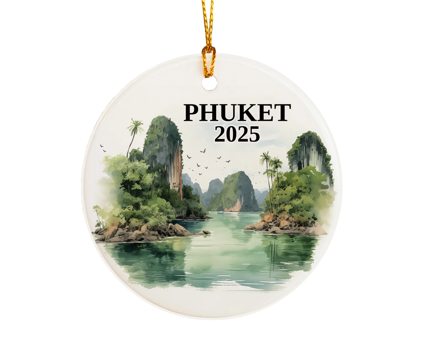 Custom Phuket Thailand ceramic photo ornament with personalized message – handmade Christmas bauble, gift souvenir, or vacation keepsake.