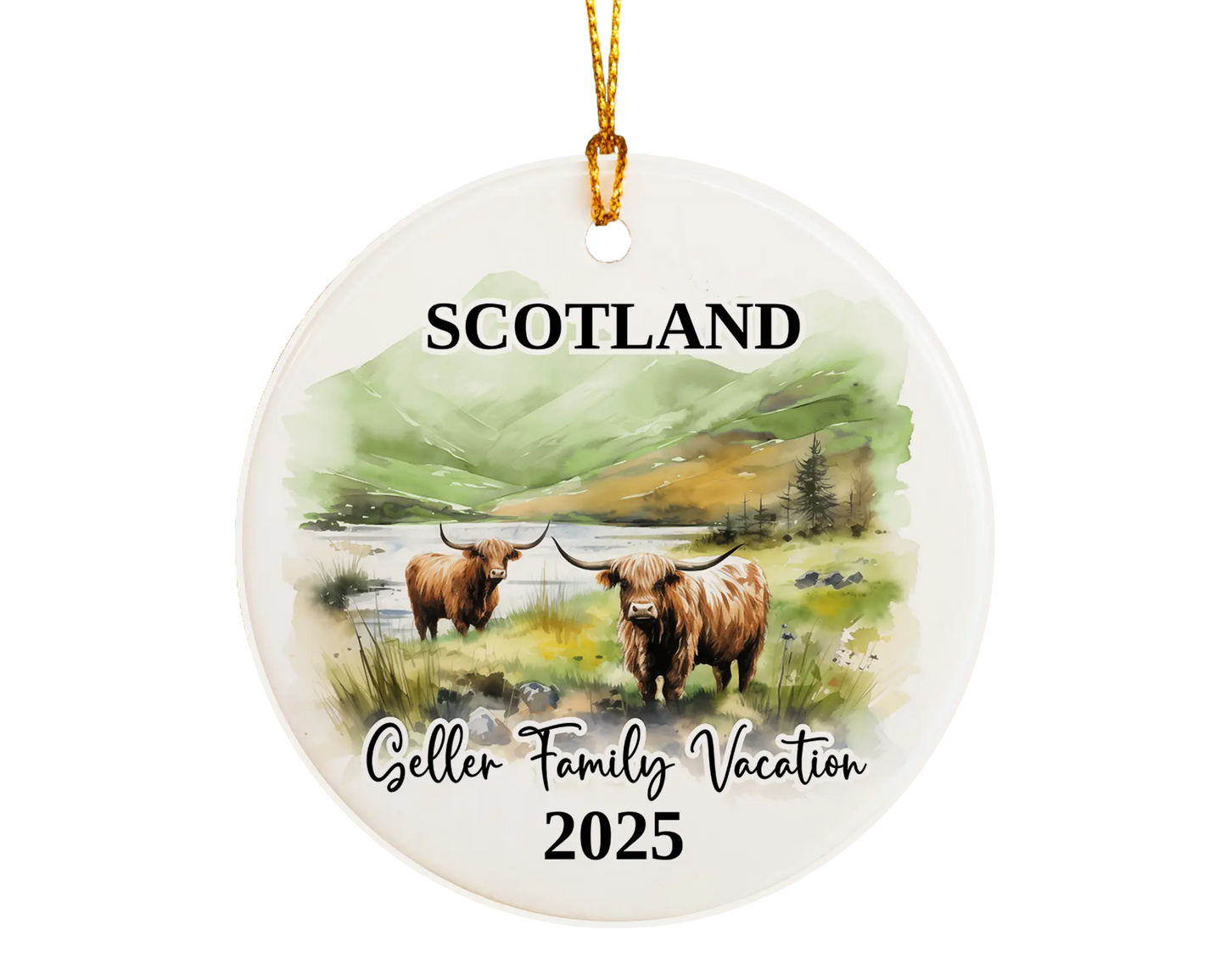 Custom vacation Scotland Highland Cows ceramic photo ornament with personalized message – handmade Christmas bauble, gift souvenir, or vacation keepsake.