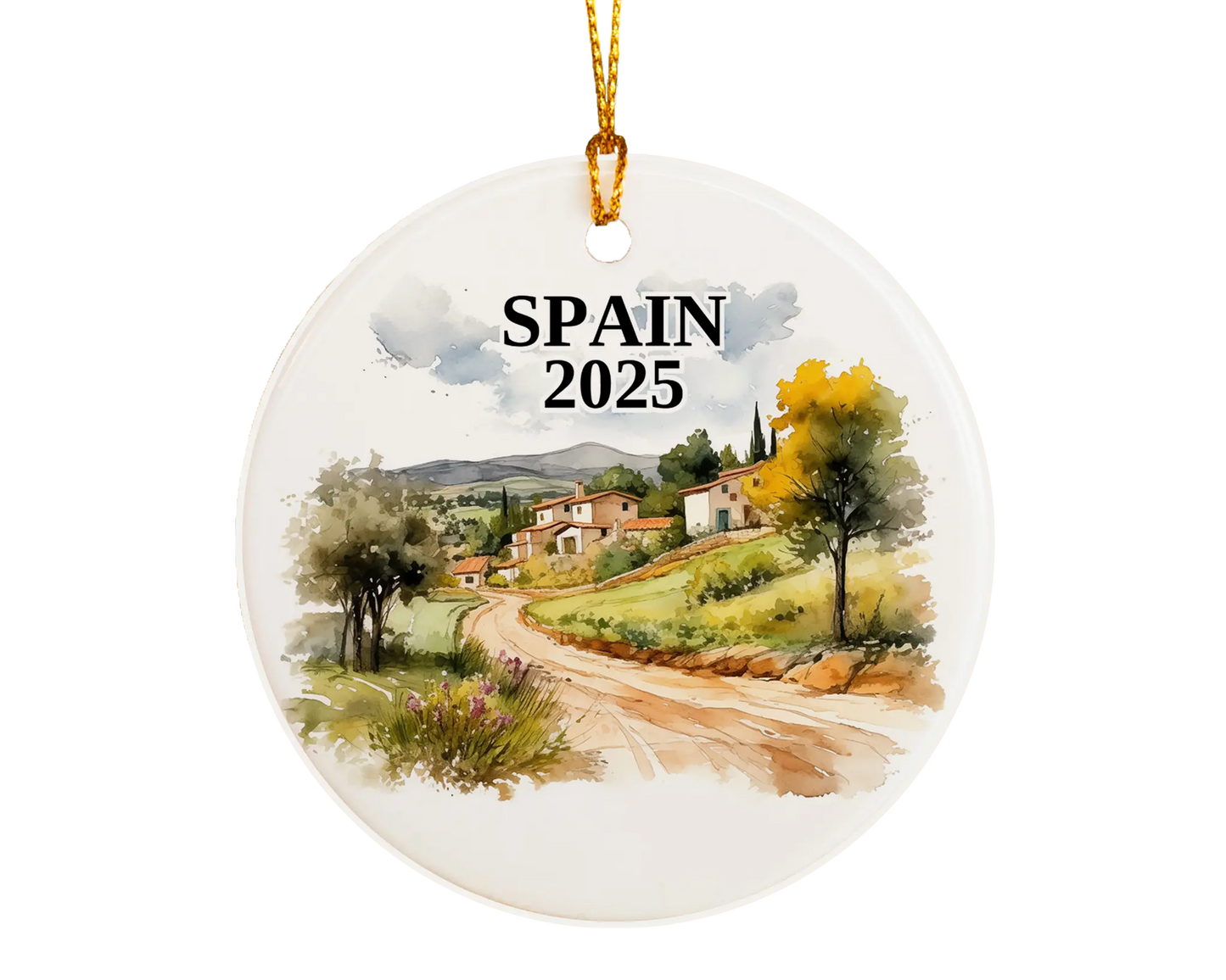 Custom Spain ceramic photo ornament with personalized message – handmade Christmas bauble, gift souvenir, or vacation keepsake.
