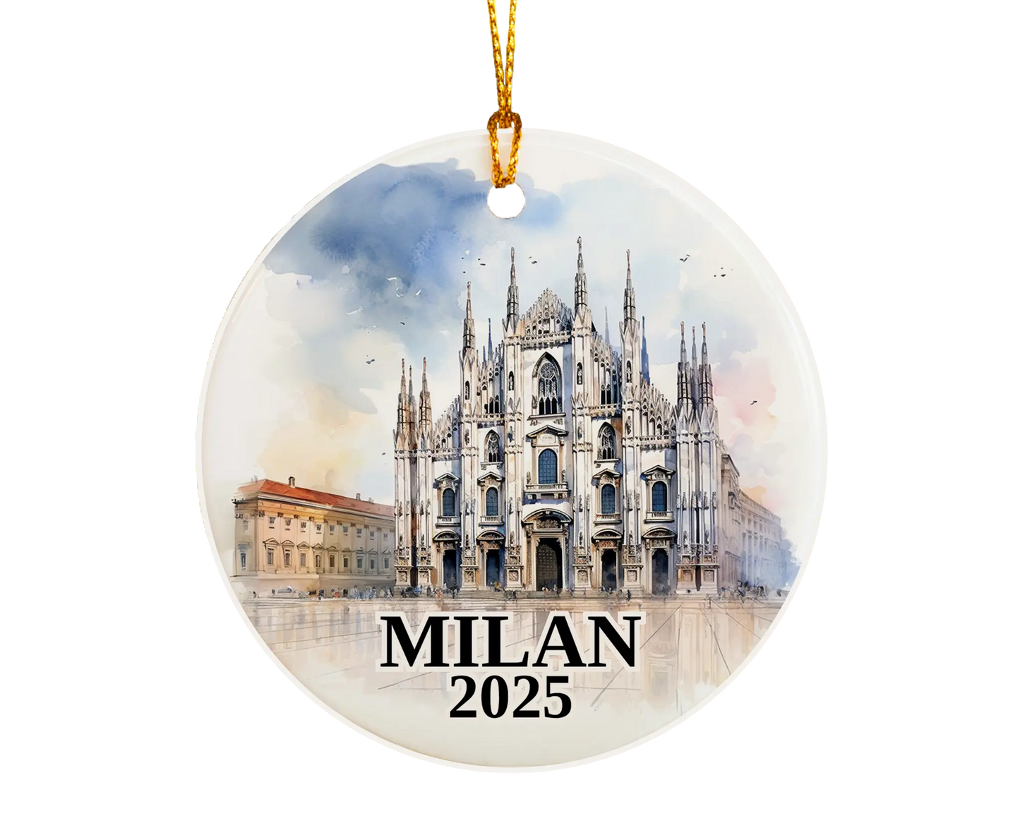 Custom Milan Italy ceramic photo ornament with personalized message – handmade Christmas bauble, gift souvenir, or vacation keepsake.
