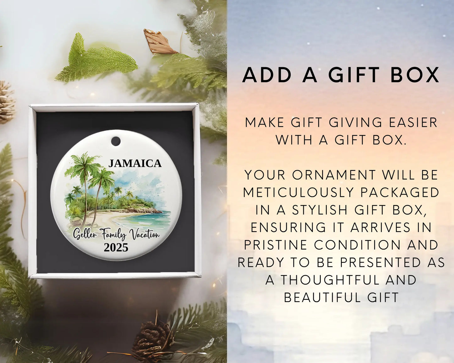 Custom vacation Jamaica ceramic photo ornament with personalized message – handmade Christmas bauble, gift souvenir, or vacation keepsake. Add gift box