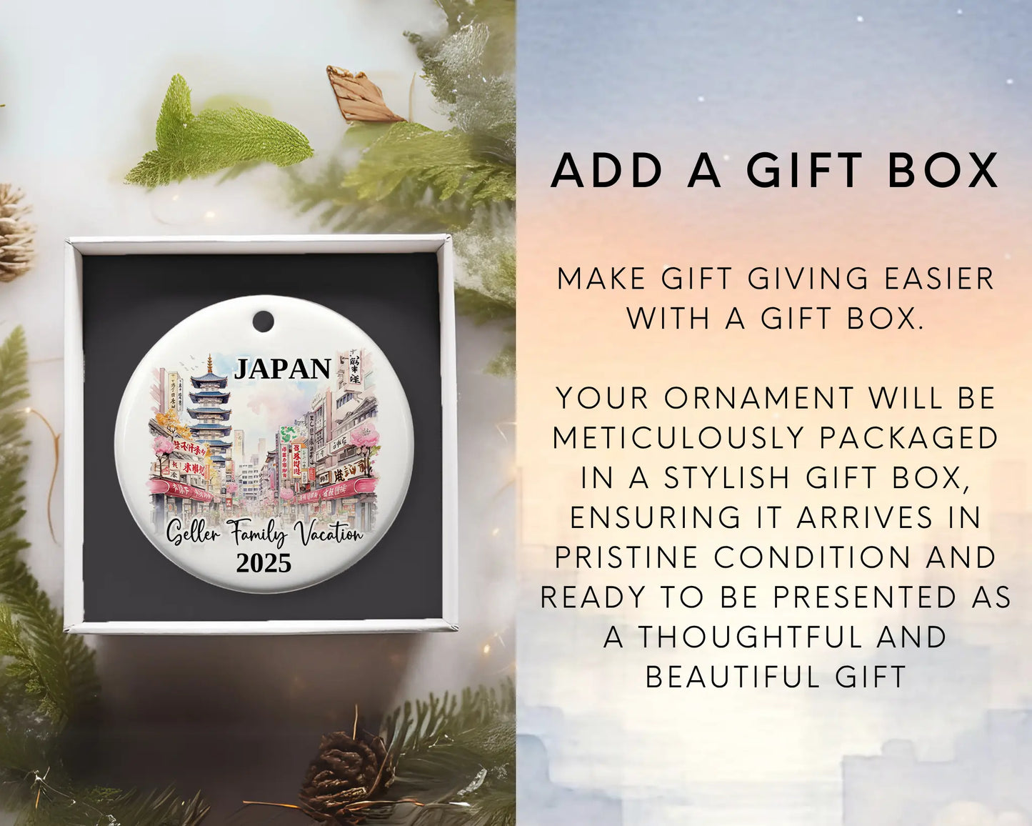 Custom vacation Japan ceramic photo ornament with personalized message – handmade Christmas bauble, gift souvenir, or vacation keepsake. Add gift box