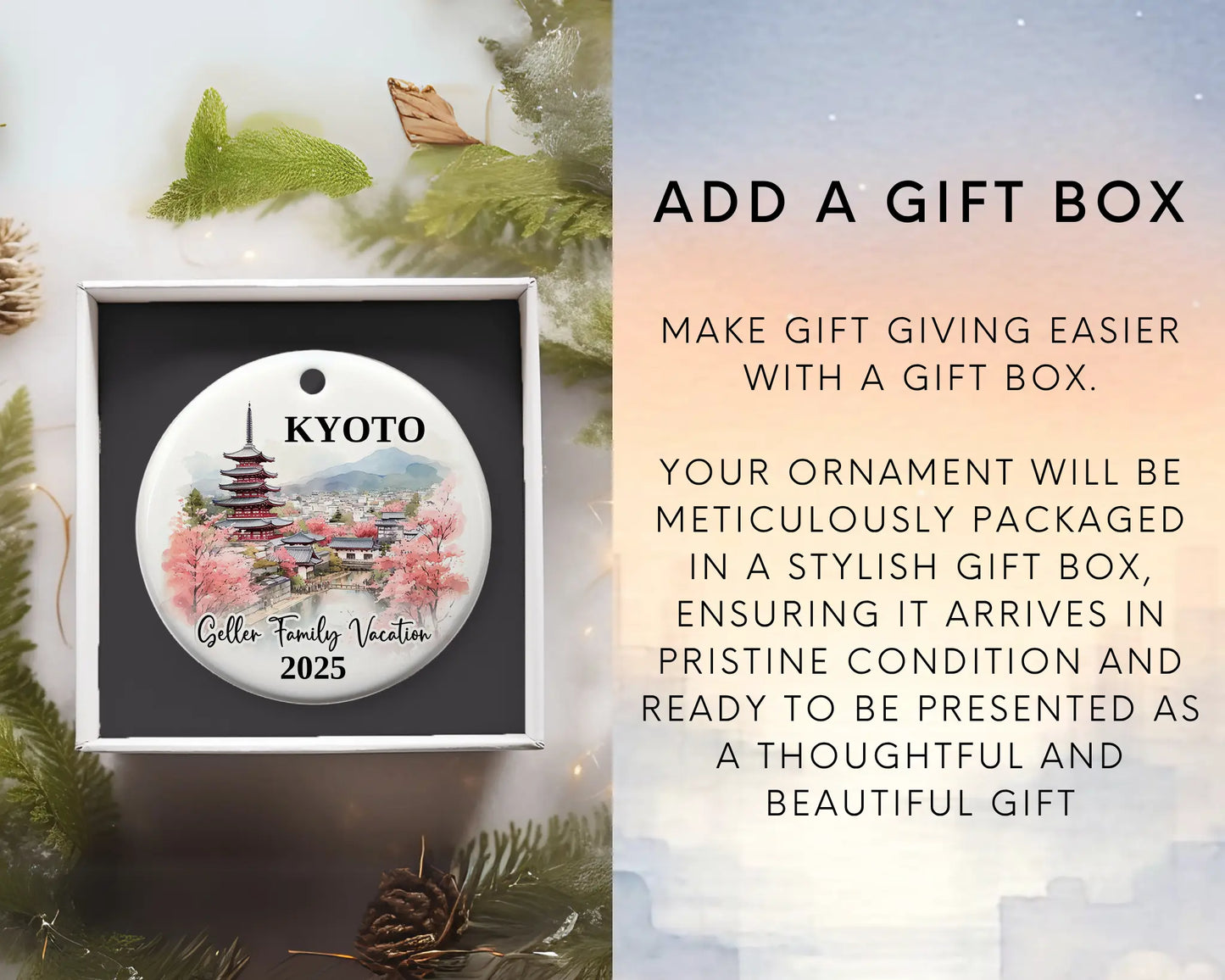 Custom vacation Kyoto Japan ceramic photo ornament with personalized message – handmade Christmas bauble, gift souvenir, or vacation keepsake. Add gift box