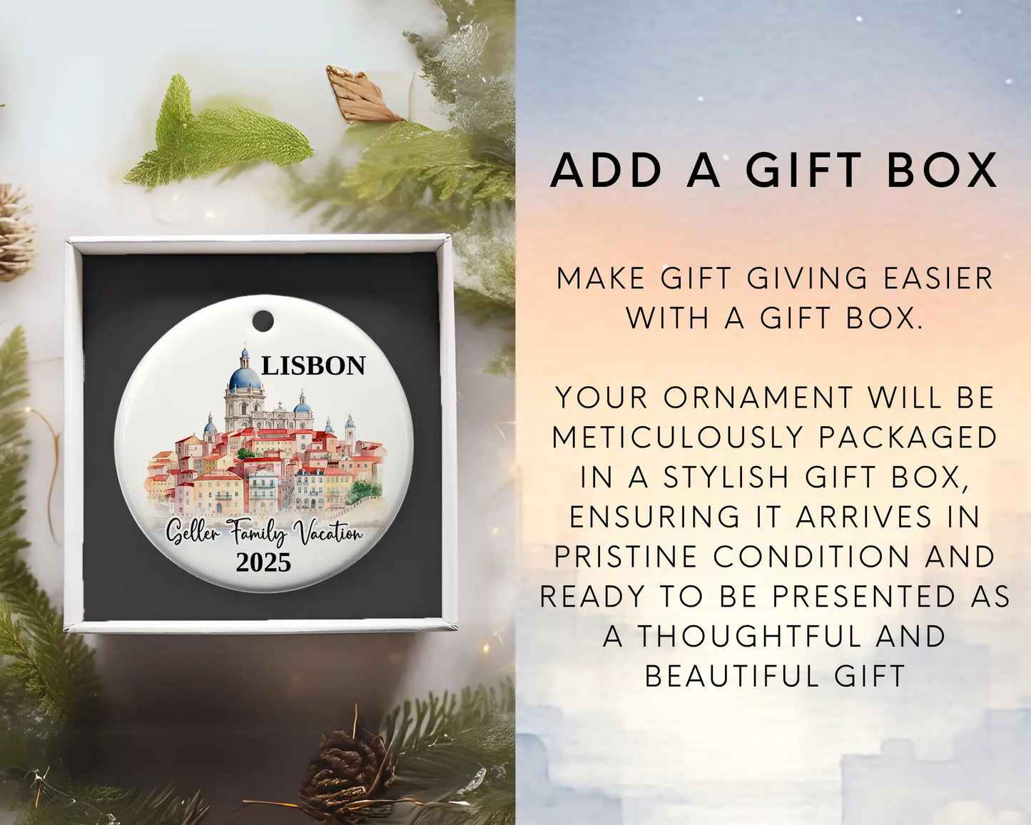 Custom vacation Lisbon Portugal ceramic photo ornament with personalized message – handmade Christmas bauble, gift souvenir, or vacation keepsake. Add gift box