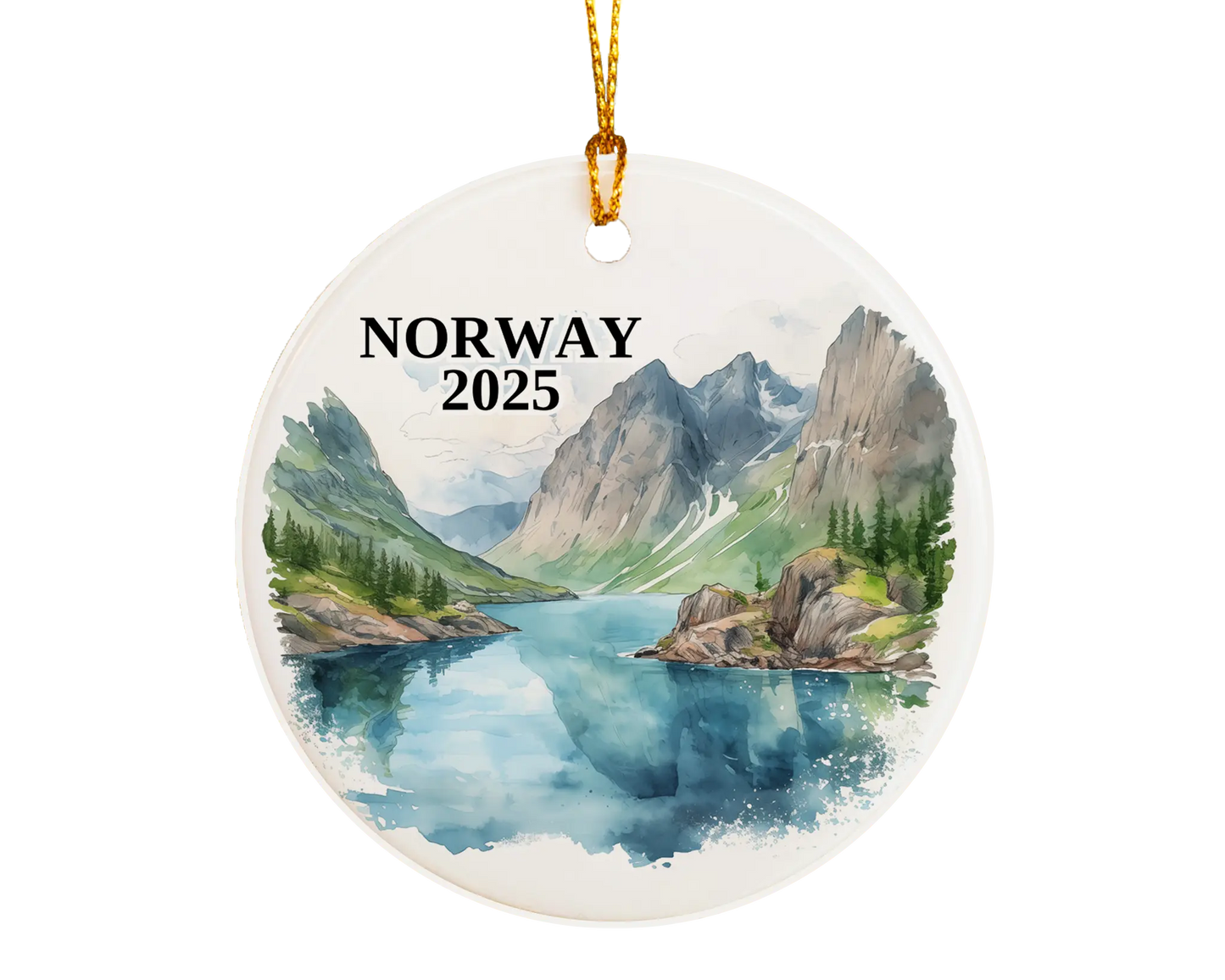 Custom Norway ceramic photo ornament with personalized message – handmade Christmas bauble, gift souvenir, or vacation keepsake.