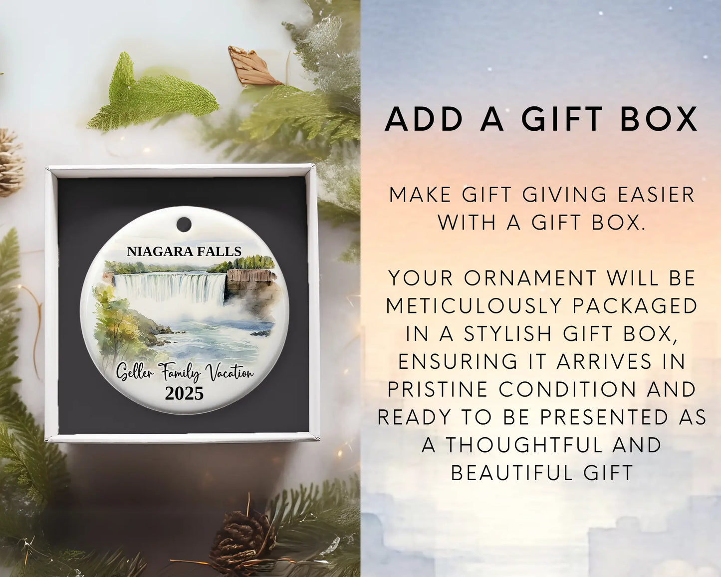Custom vacation Niagara Falls ceramic photo ornament with personalized message – handmade Christmas bauble, gift souvenir, or vacation keepsake. Add gift box