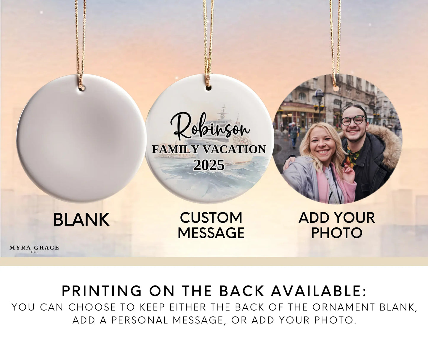 Handmade ceramic Europe cruise ornament with personalized location and photo – custom Christmas bauble or cruise vacation souvenir. Add your photo