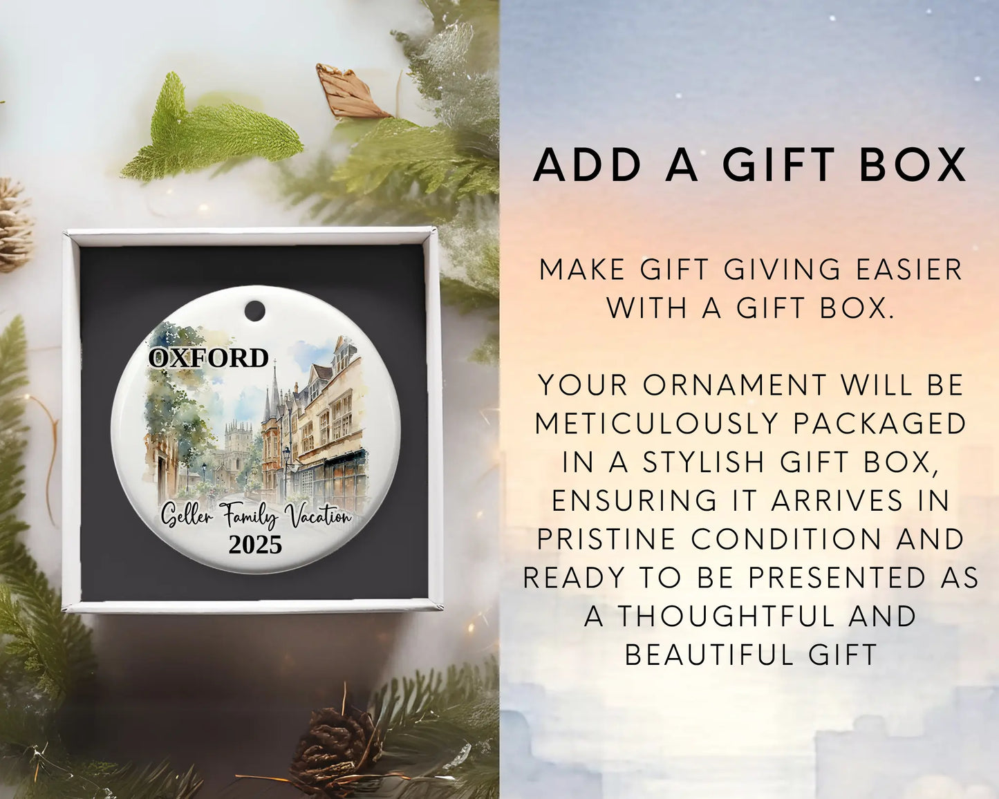 Custom vacation Oxford England ceramic photo ornament with personalized message – handmade Christmas bauble, gift souvenir, or vacation keepsake. Add gift box